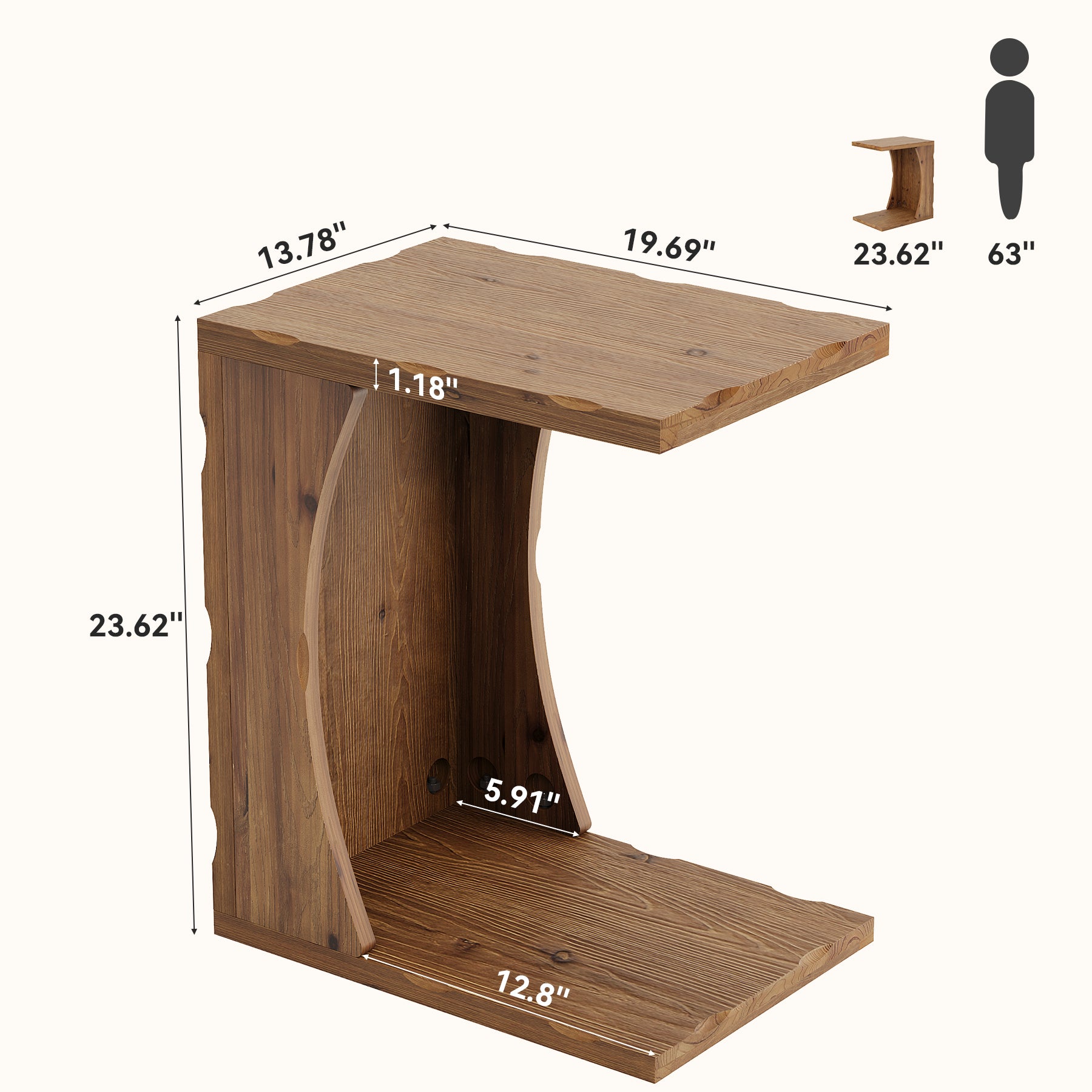 C-Shaped End Table, Solid Wood Narrow Side Table with Storage Shelf