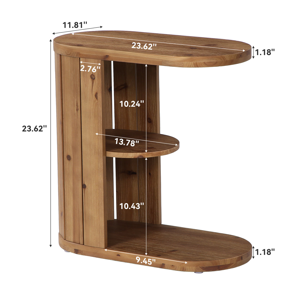Rustic Solid Wood C-Shaped Side Table with Storage, Narrow Sofa End Table