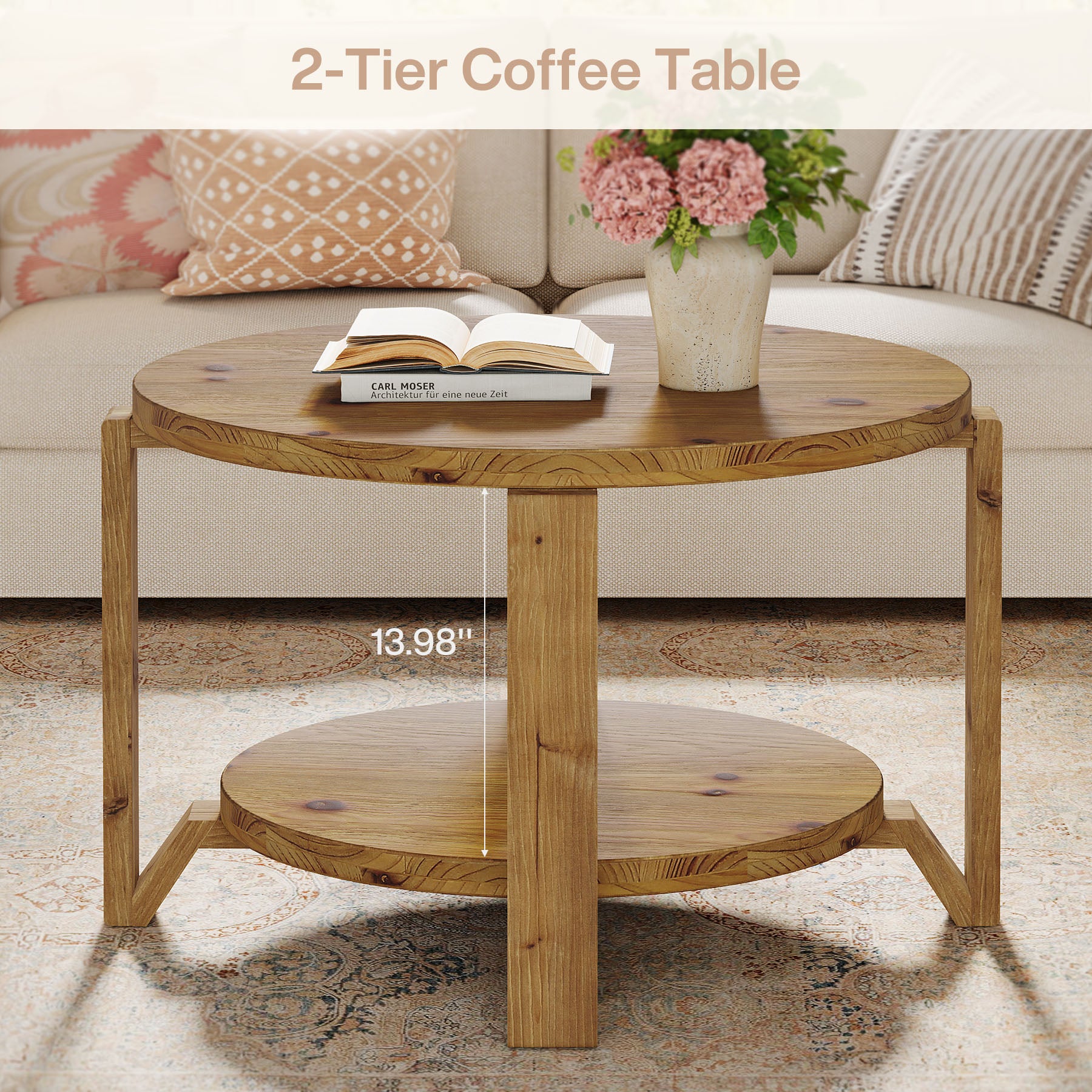 30" Solid Wood Coffee Table, Round Small Center Table with 2-Tier Storage