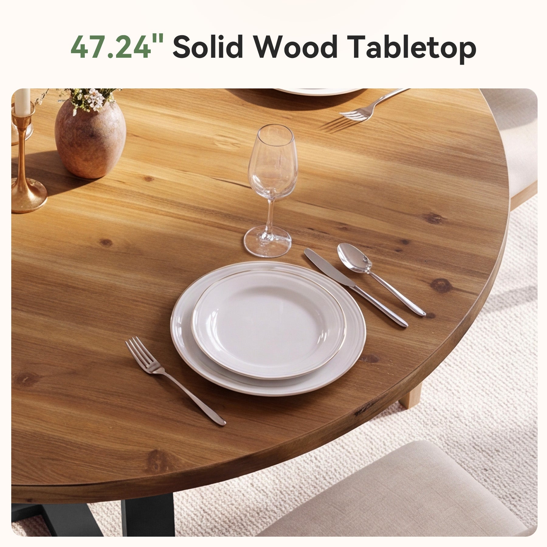 47" Solid Wood Dining Table, Farmhouse Round Kitchen Table for 4-6 People
