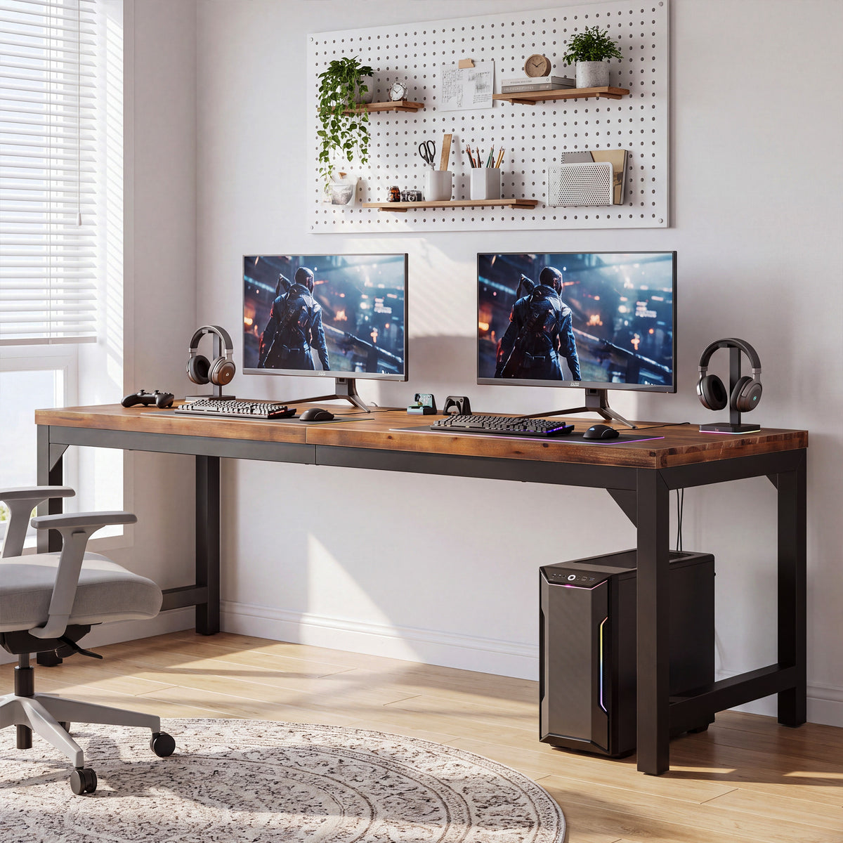 Solid Wood 2-Person Desk, 78.74" Computer Desk with Metal Frame for  Home Office
