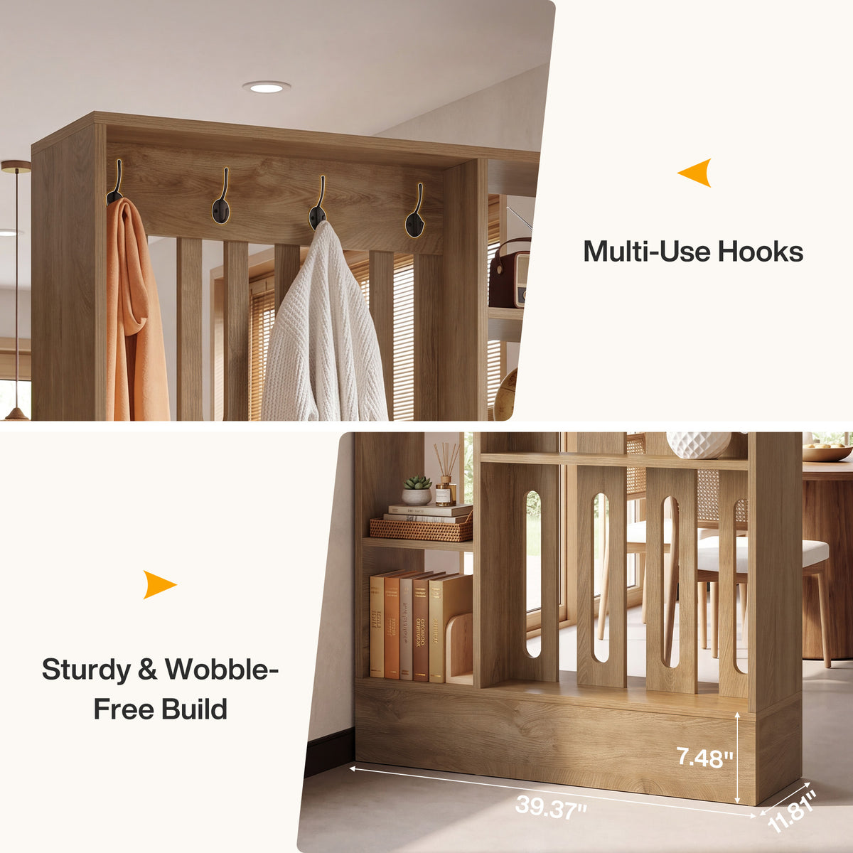 71" Room Divider with Shelves, 5-Cube & 4 Hooks, Freestanding Modern Wall Partition