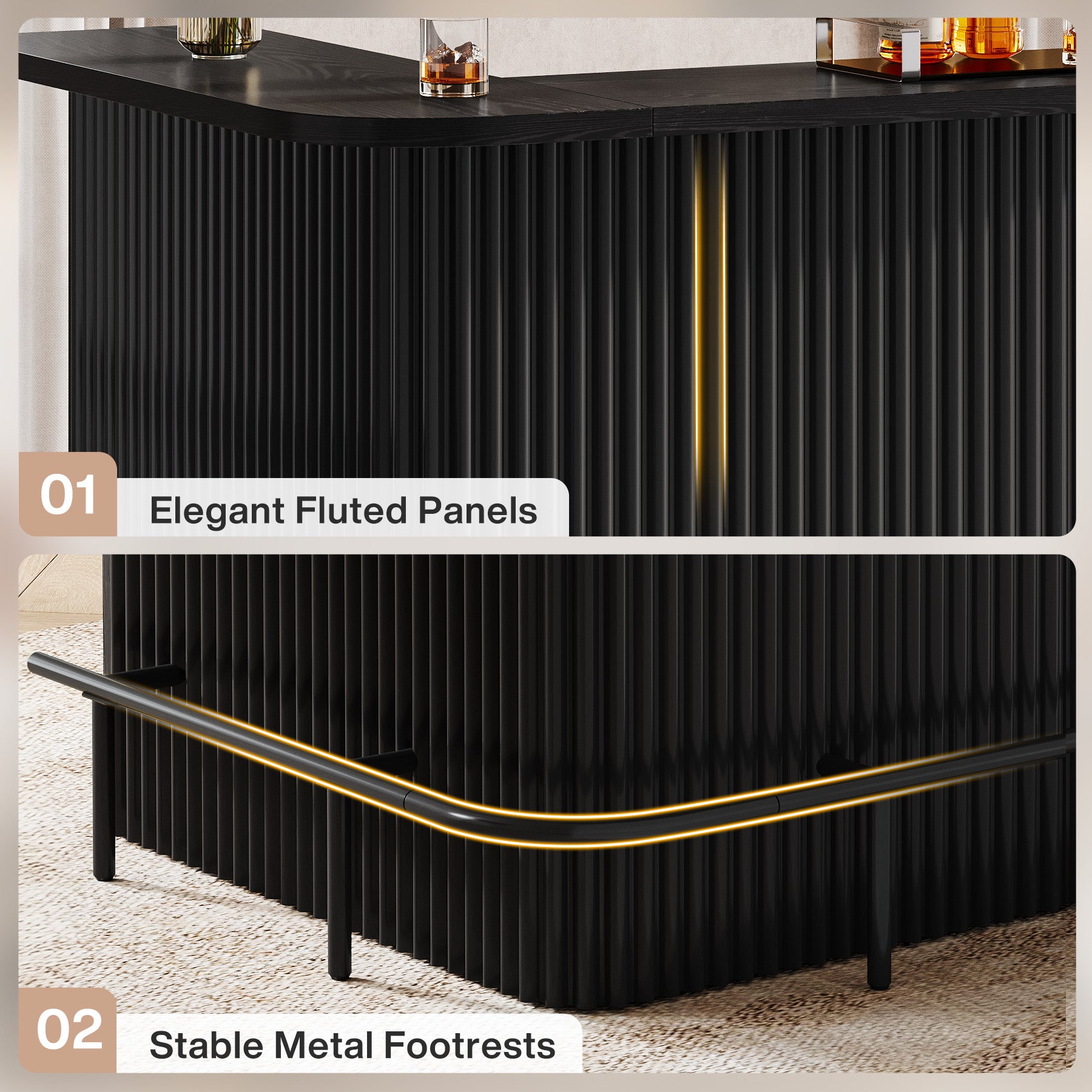 L-Shaped Home Bar Unit, 4-Tier Fluted Bar Table with Storage Shelves