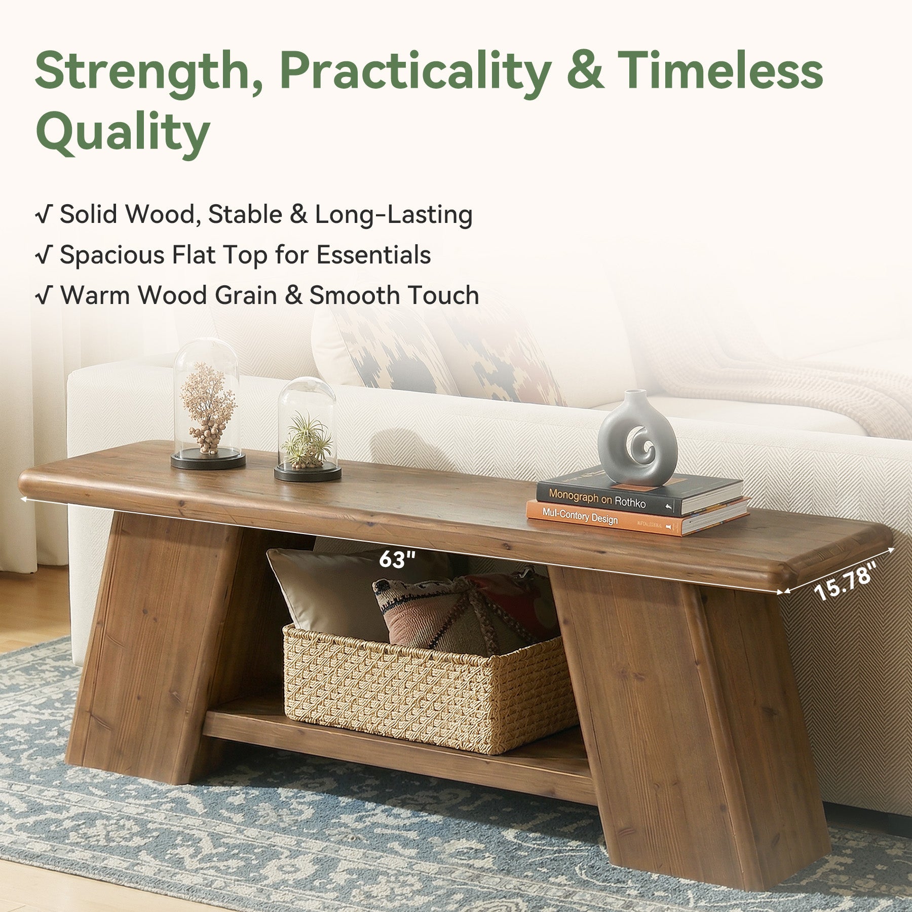 63" Solid Wood Console Table with Storage Shelf, Farmhouse Sofa Table for Behind Couch or Entryway