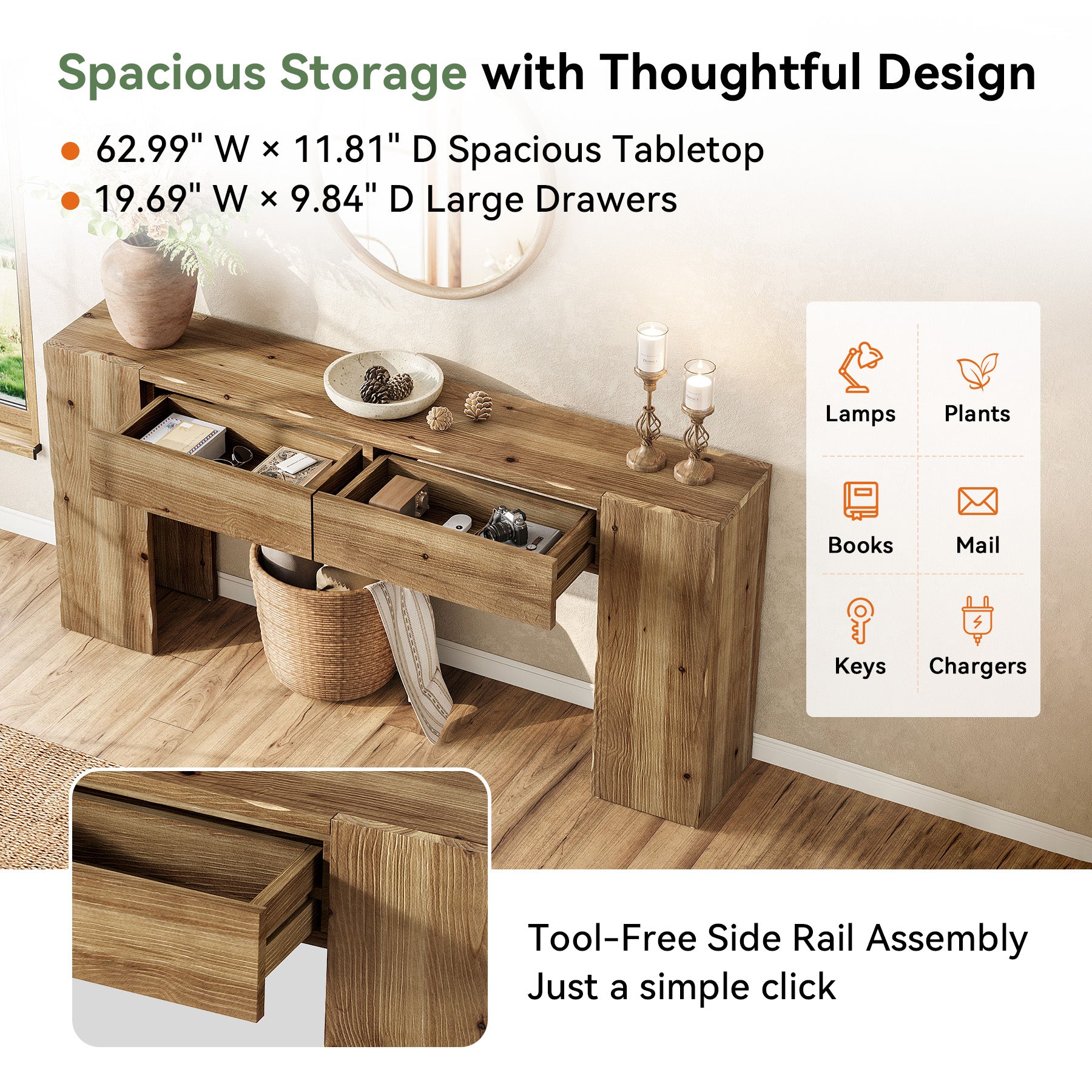 63" Solid Wood Console Table with Drawers, Narrow Entryway Sofa Table for Hallway & Living Room
