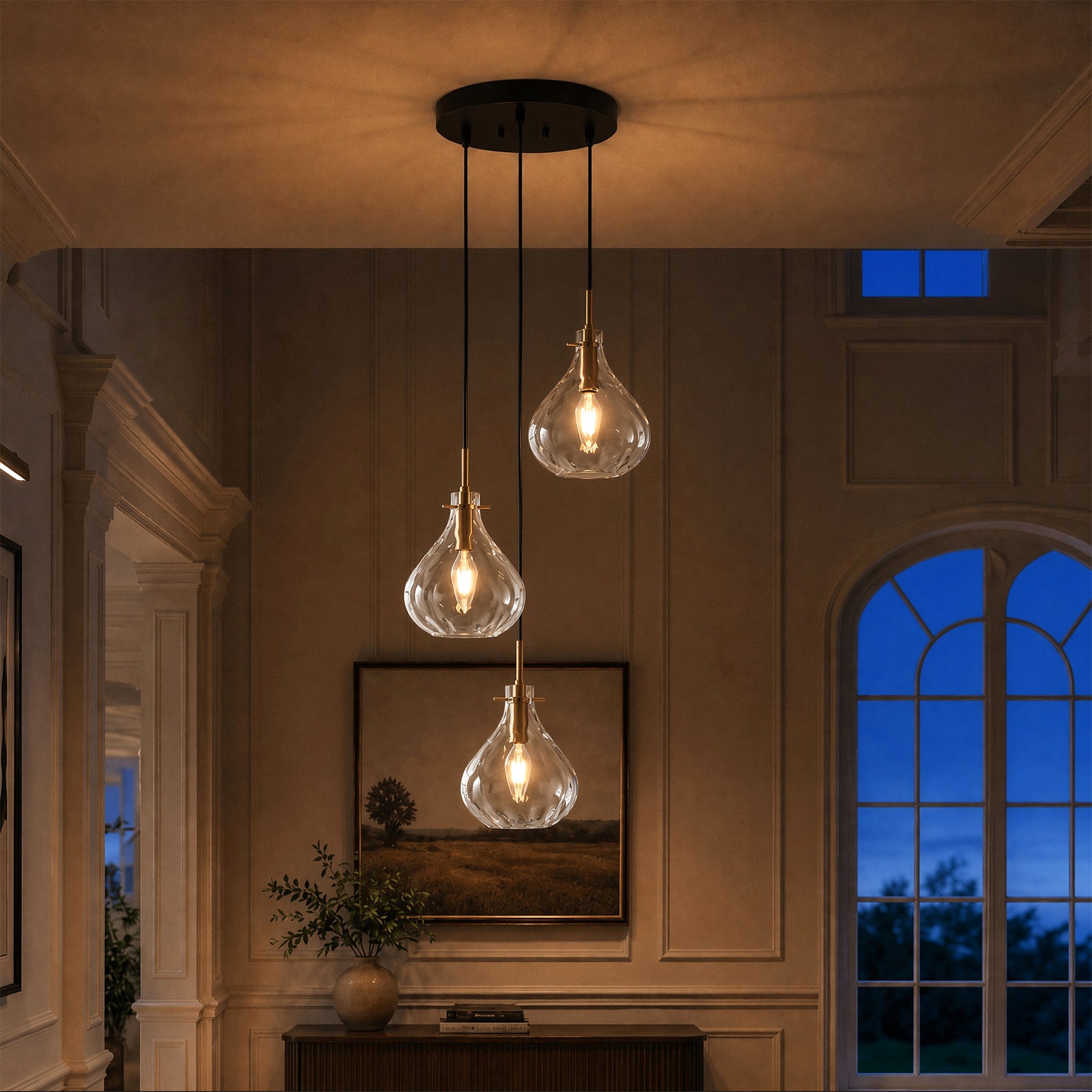 Modern 3-Light Pendant Lighting with Water Ripple Glass Shade, Kitchen Island Lighting with Adjustable Height
