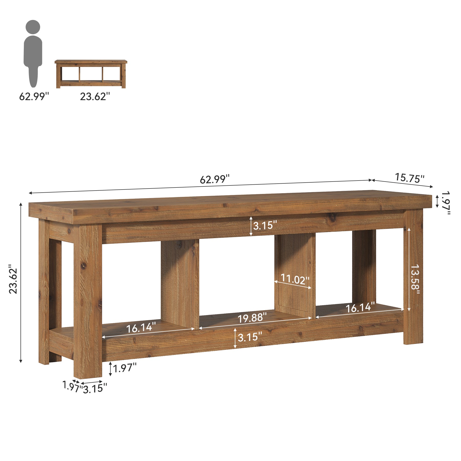 Solid Wood Console Table, 63" Sofa Entryway Table With 3 Open Shelves