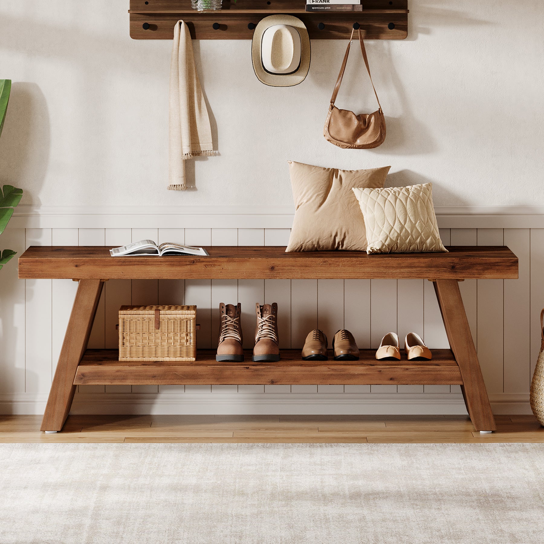 2-Tier Entryway Bench, Solid Wood Shoe Bench with Open Shelves