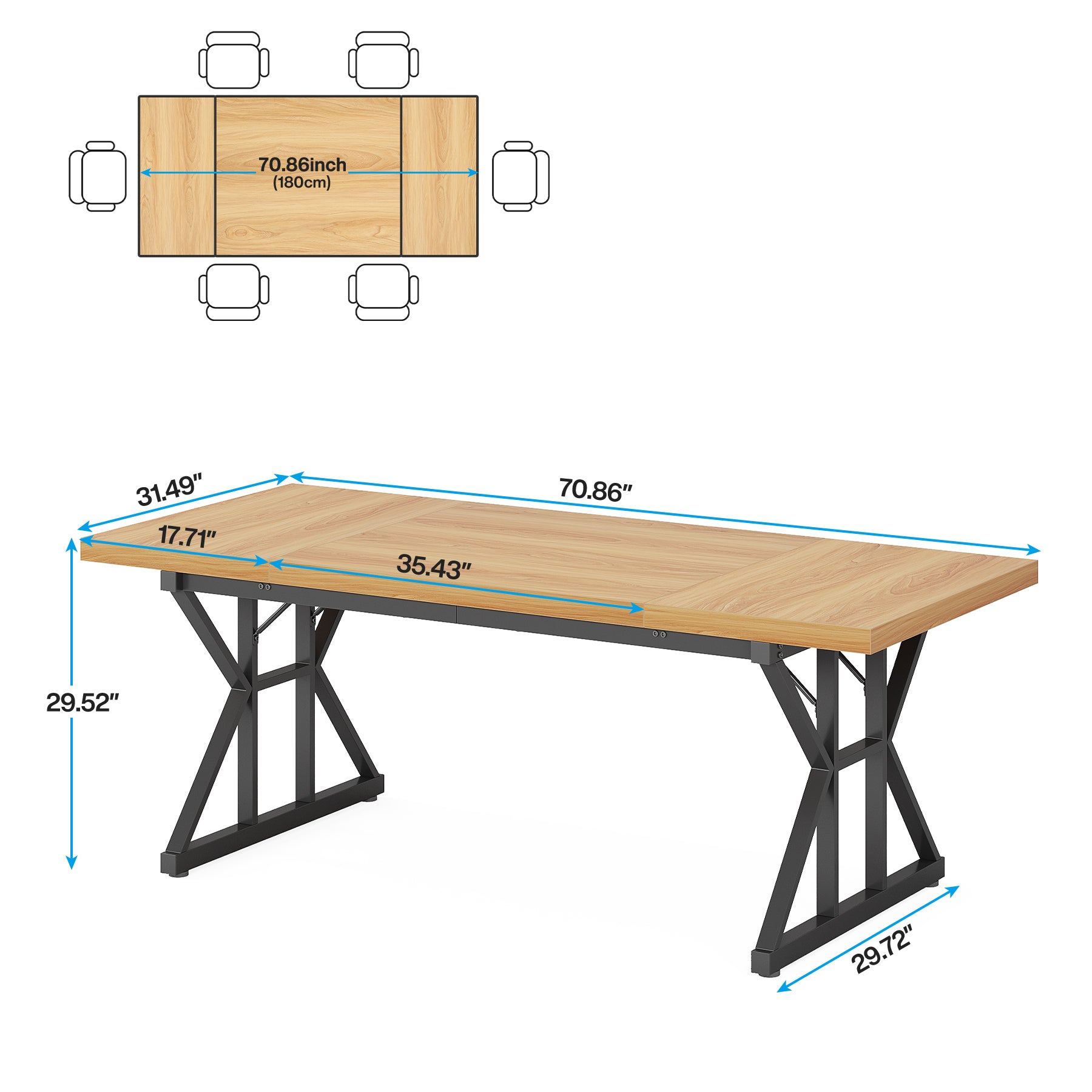 70.8" Farmhouse Dining Table for 6, Rectangular Wood Kitchen Table with Metal Legs