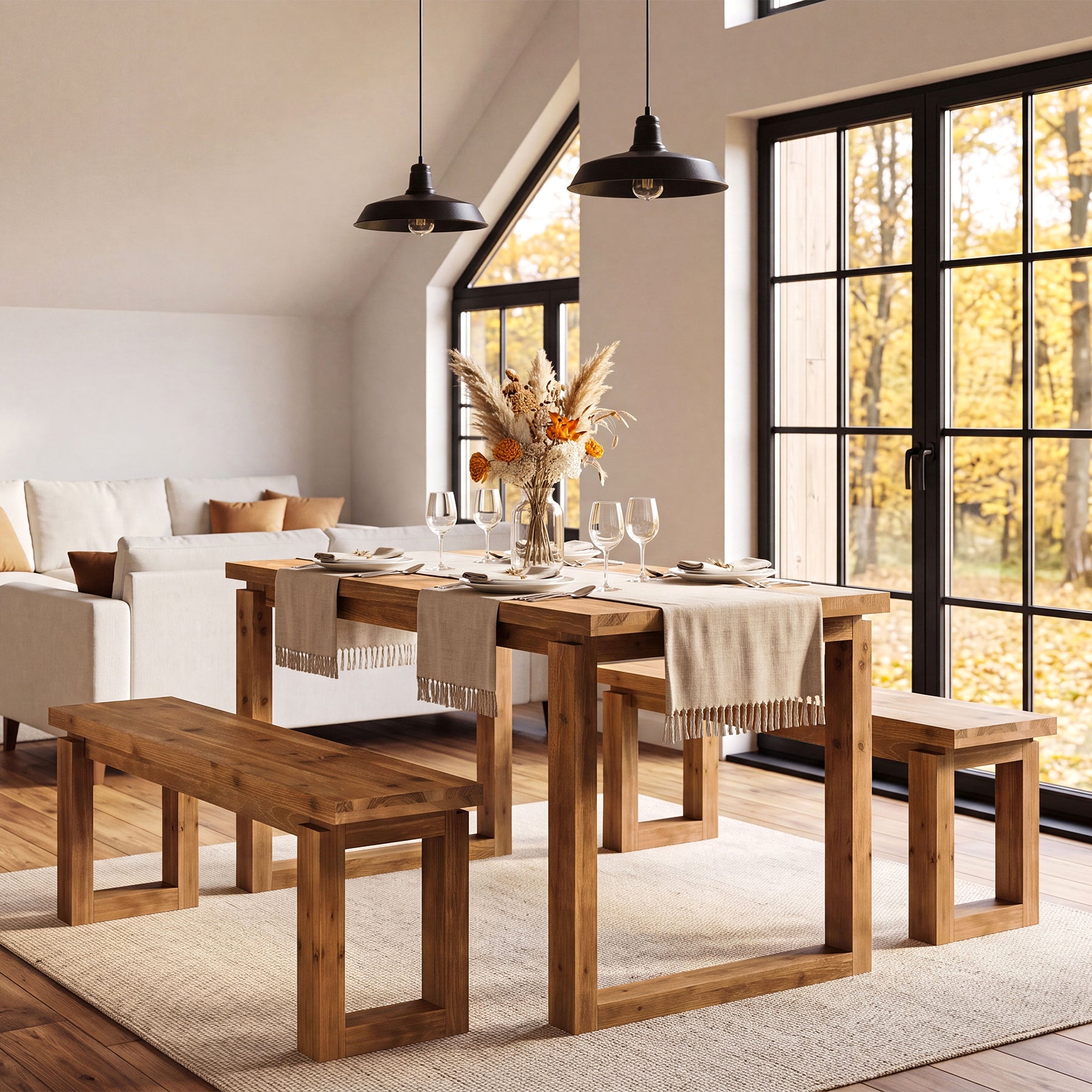 3-Piece Solid Wood Dining Table Set, Rectangular Kitchen Table with 2 Benches