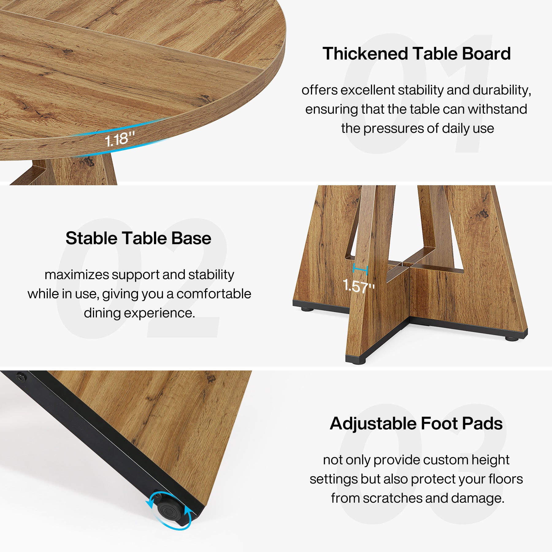 47" Round Farmhouse Dining Table for 4 People, Rustic Dining Room Table