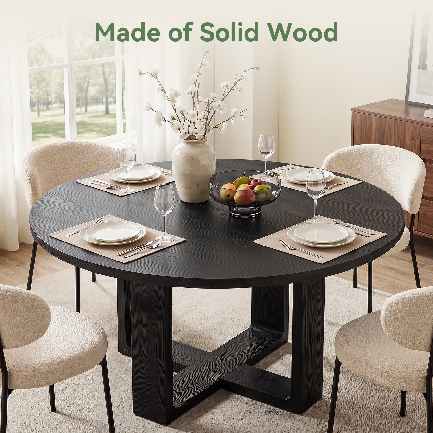 47.24" Round Solid Wood Dining Table, Black Kitchen Table for 4–6 with Cross-Shaped Base