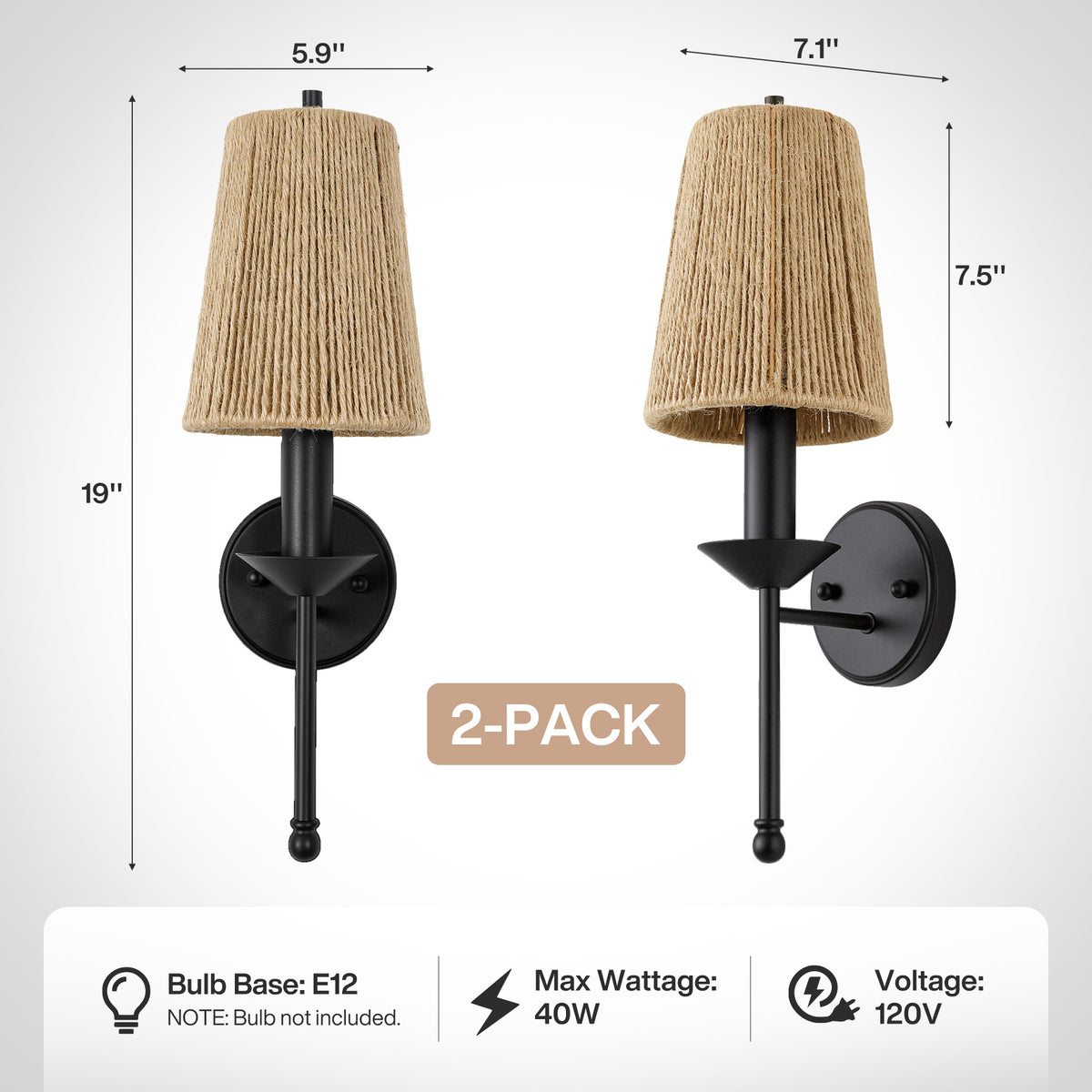 2 Pack Boho Wall Sconce, Handmade Jute Wall Light with Black Metal Base