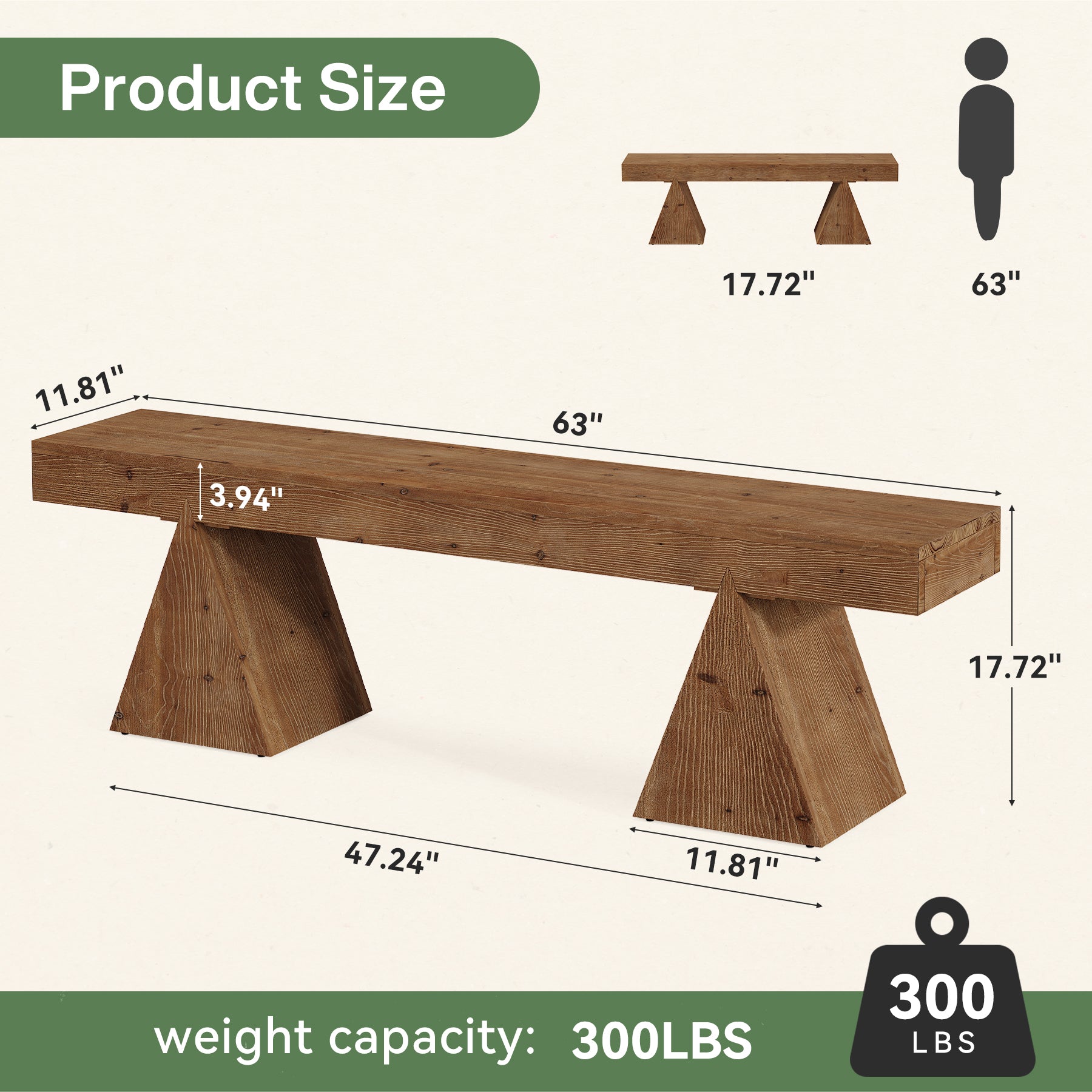 Solid Wood Entryway  Bench, 63" End of Bed Bench with Triangle Base