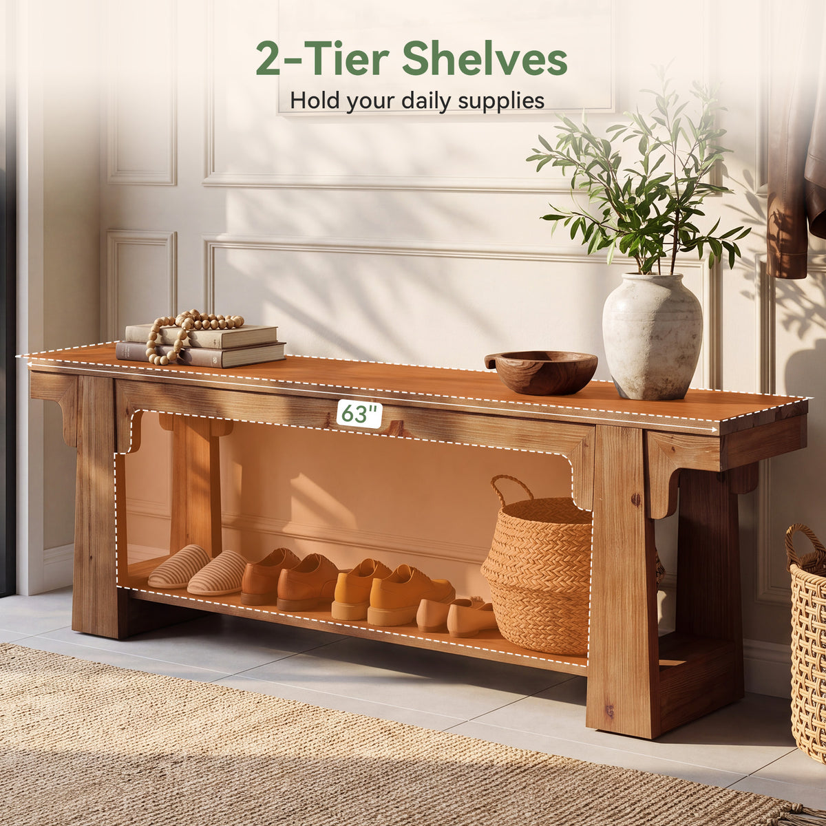 63" Natural Solid Wood Entryway Bench, 2-Tier Open Shoe Storage, Hallway