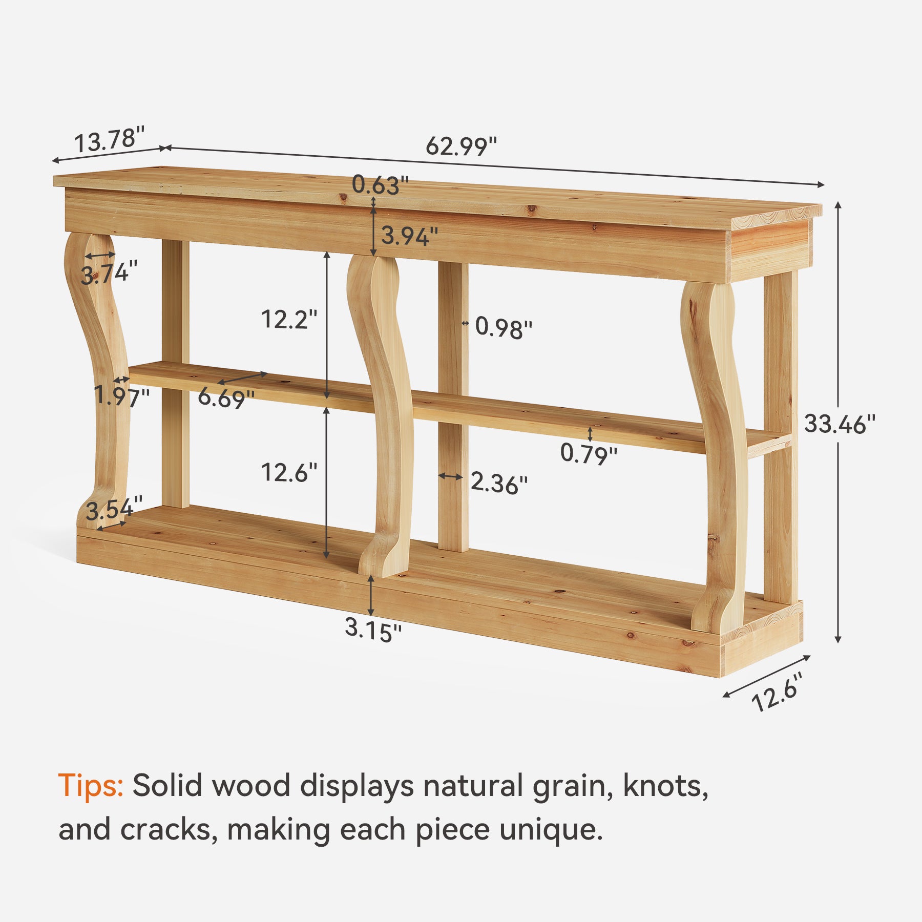 3-Tier Solid Wood Console Table, 63" Sofa Entryway Table with Storage