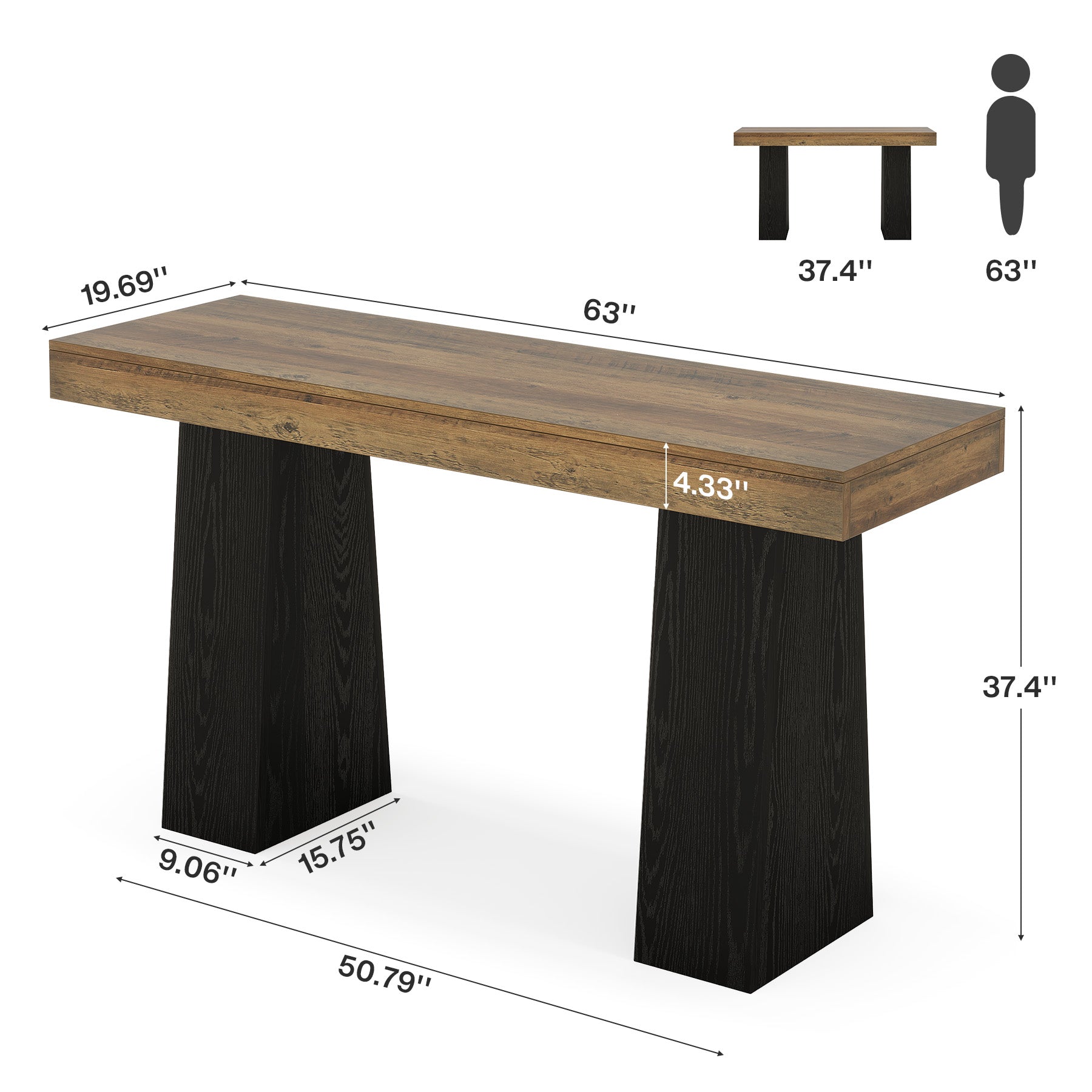 63" Bar Table, Rectangular Counter Height Pub Table with Thickened Tabletop