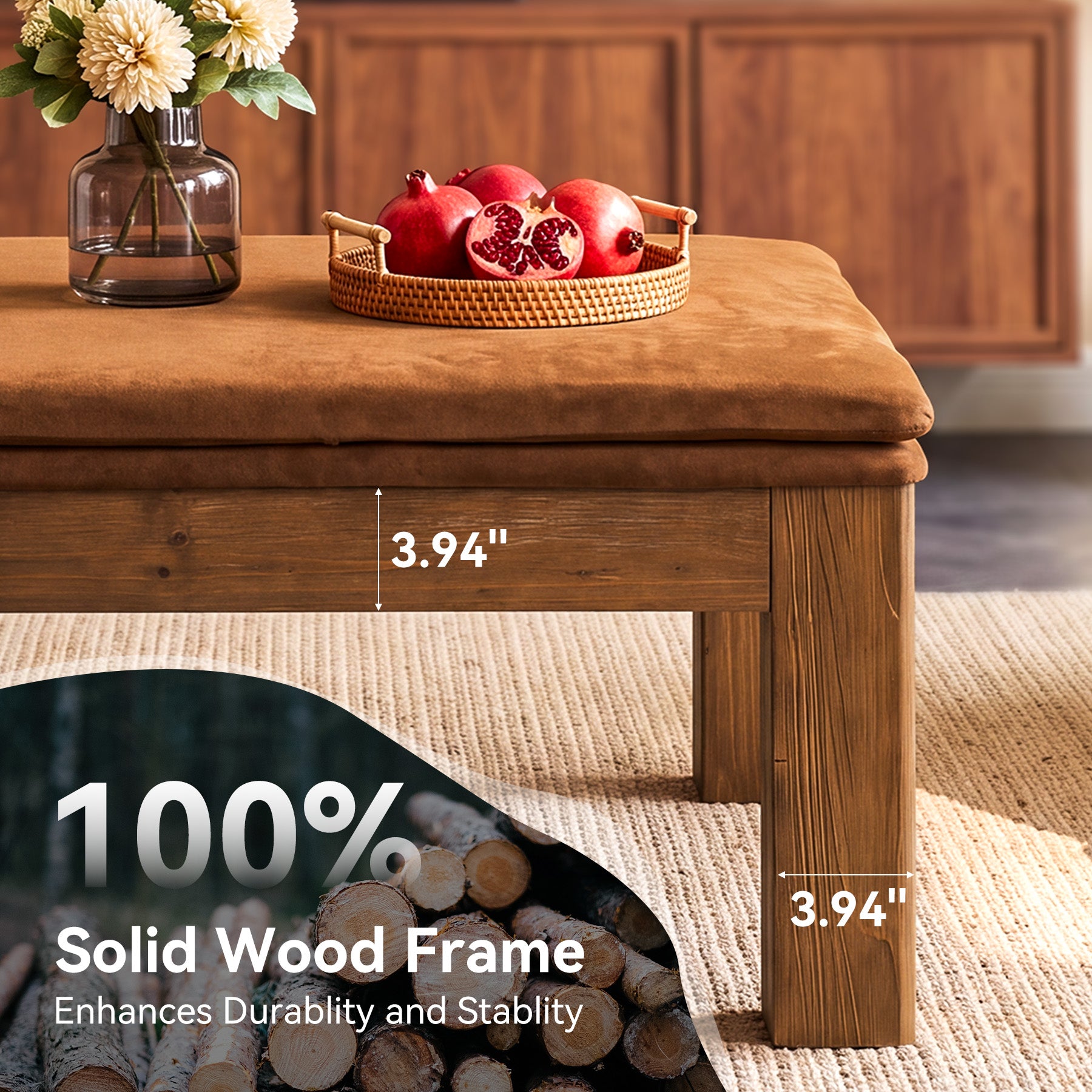 32.28" Square Coffee Table with Solid Wood Frame & Removable Velvet Cushion