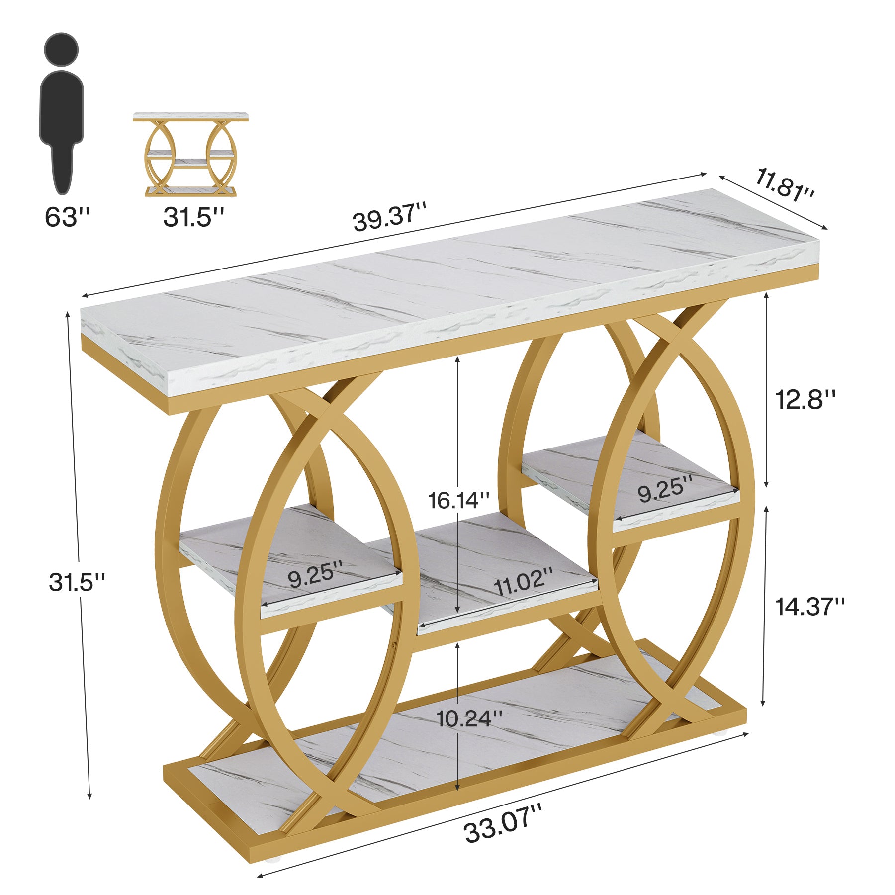 39.4" Console Table, Industrial 4-Tier Sofa Table Entryway Table with Storage Shelves