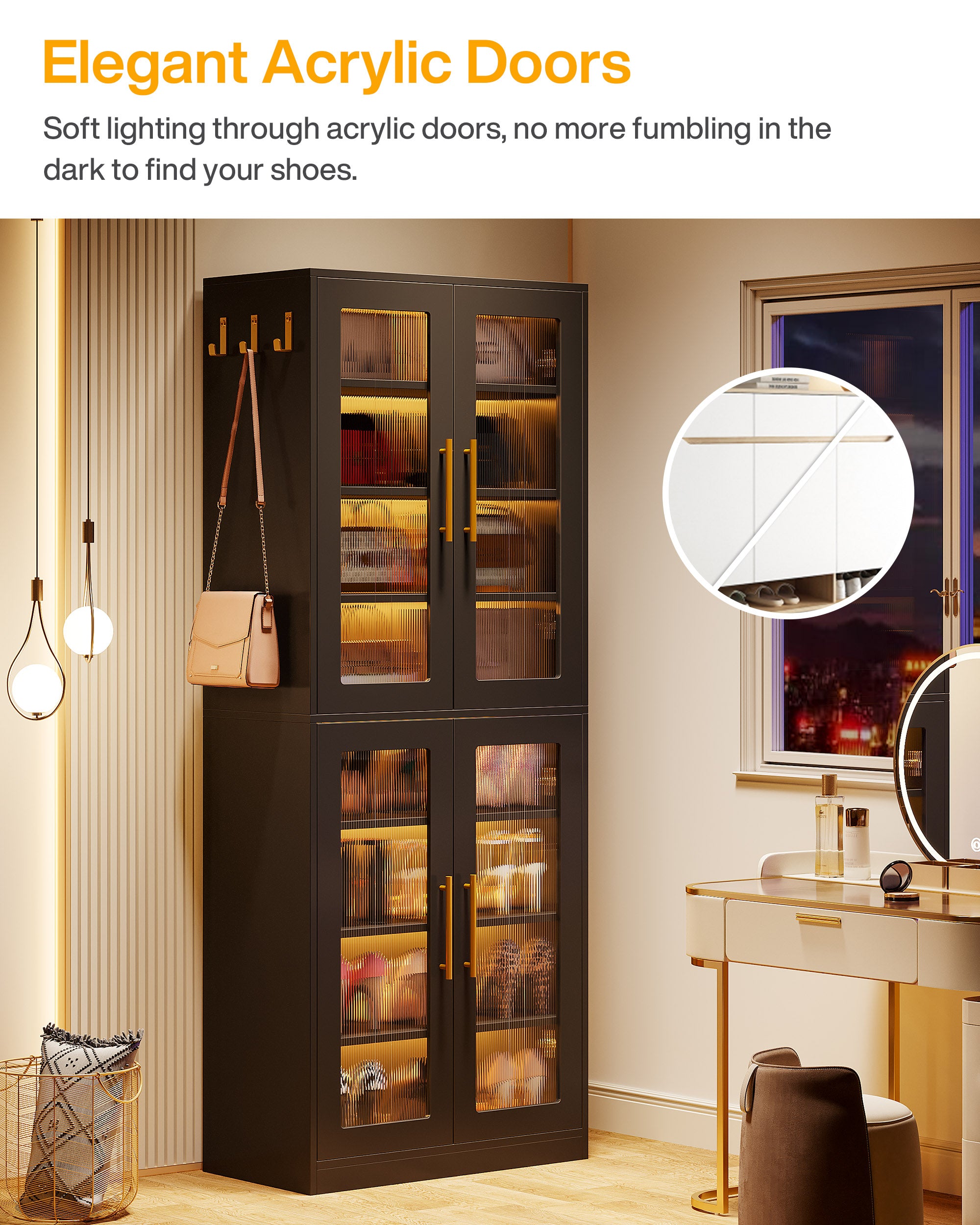 66.9" Tall Shoe Storage Cabinet, 8-Tier Entryway Shoe Organizer Rack with Acrylic Doors and LED Lights