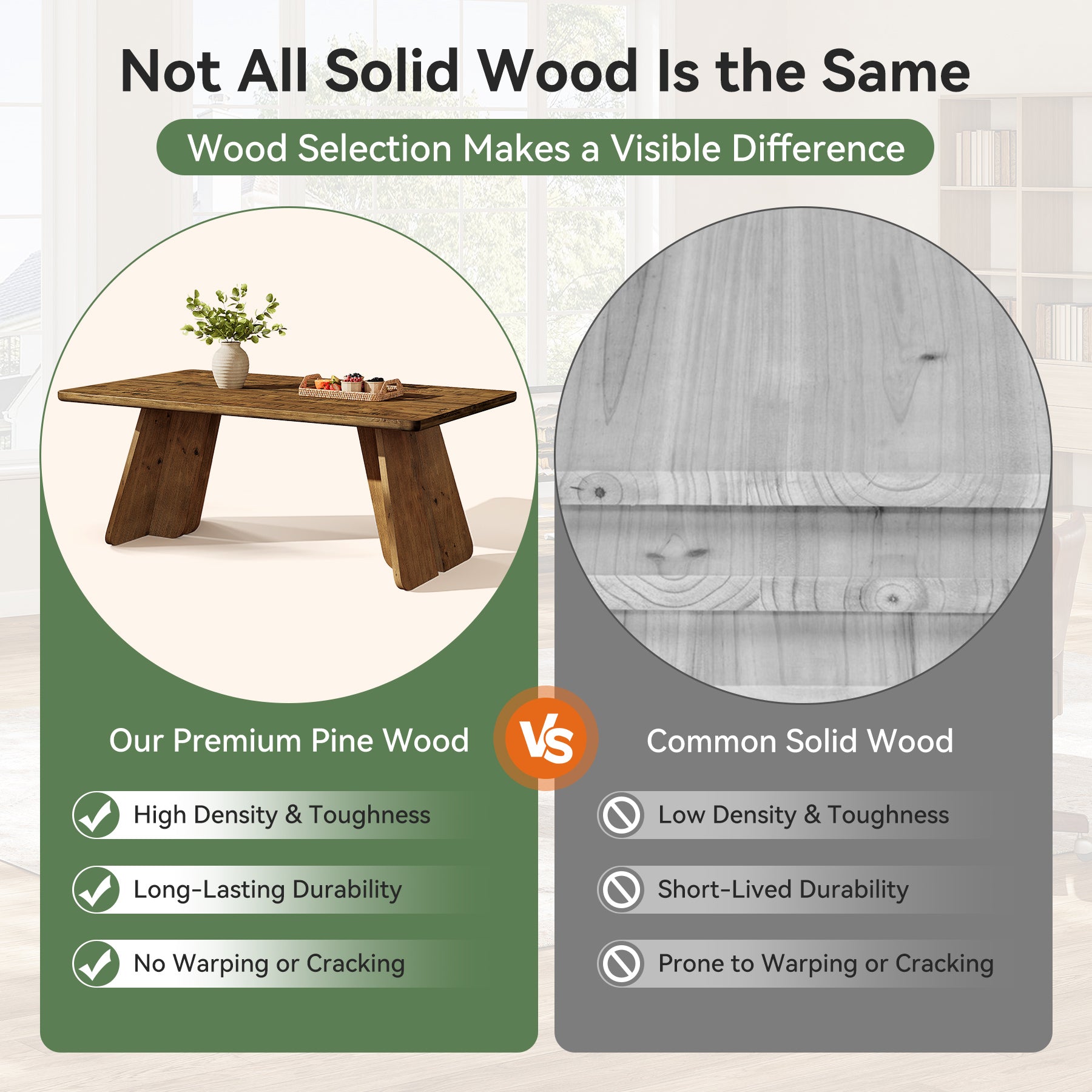 63" Solid Wood Dining Table for 4-6, Farmhouse Kitchen Table with Sturdy Legs