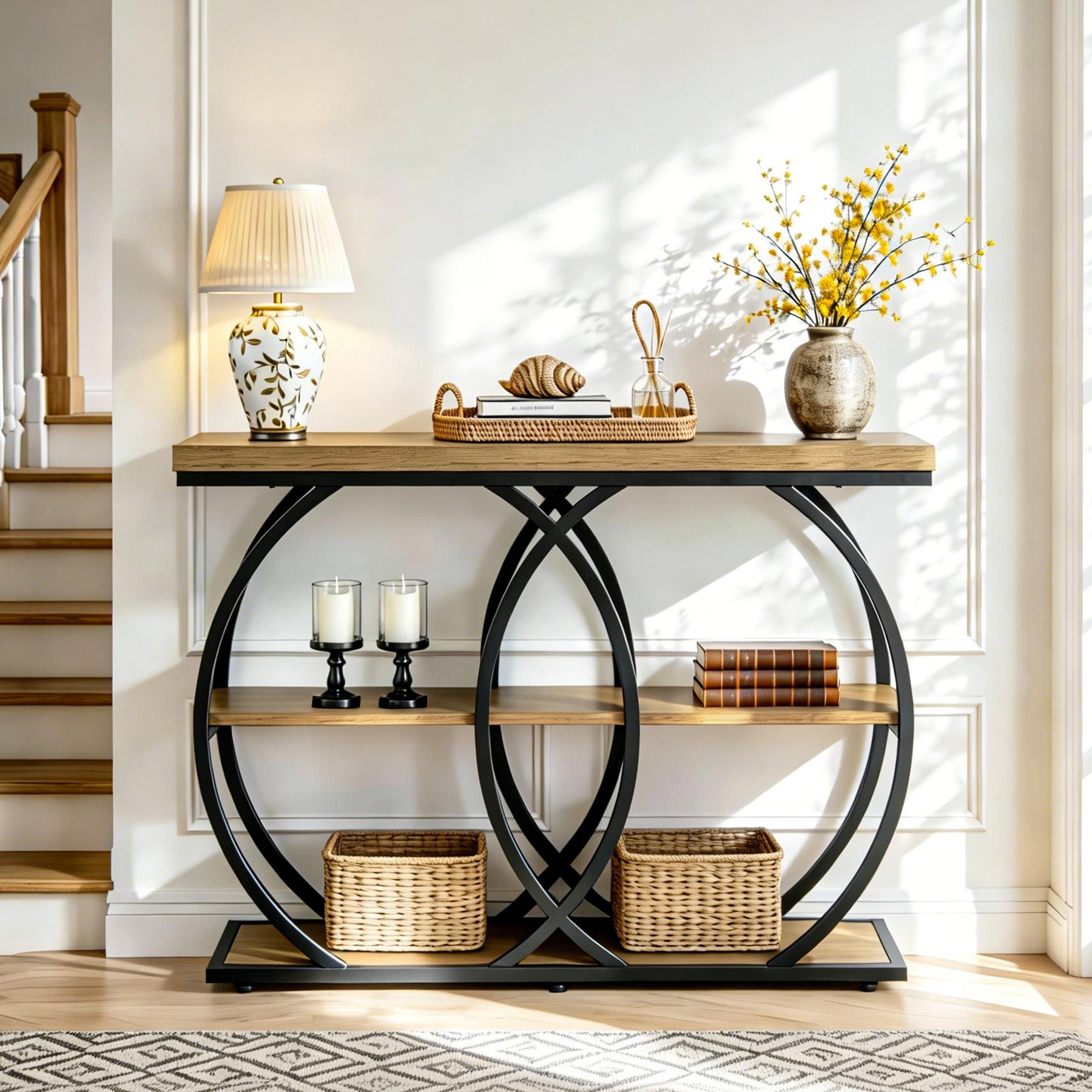 41.3" Industrial Console Table with 3-Tier Shelves, Narrow Entryway Sofa Table with Metal Frame