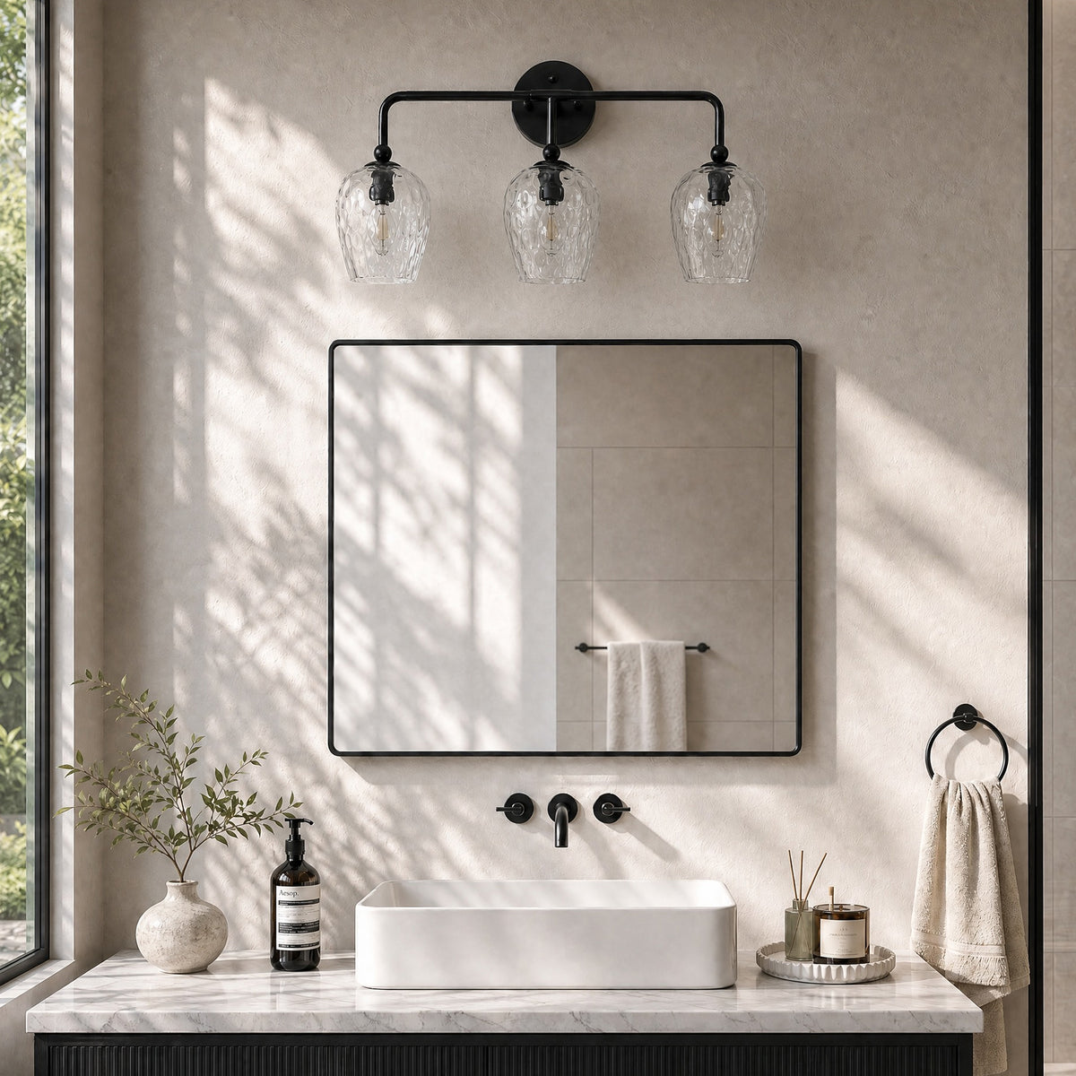 3-Light 22" Bathroom Vanity Light, Matte Black Wall Sconce with Water Ripple Glass