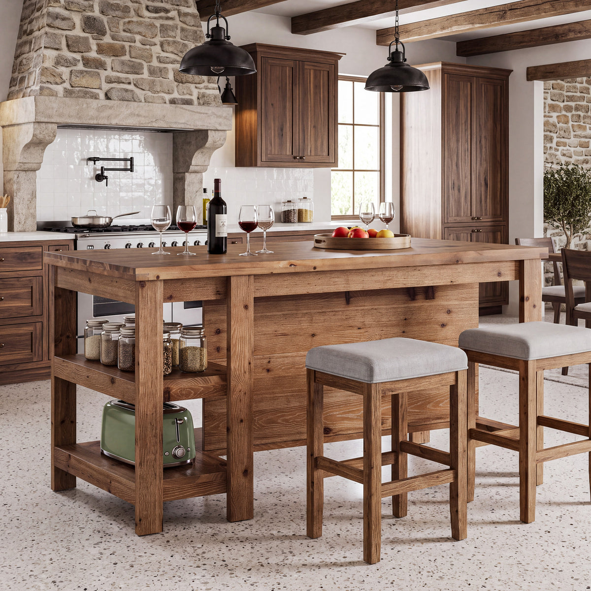 61" Farmhouse Kitchen Island with Storage, 3-Tier Solid Wood, Freestanding Dining Island Table
