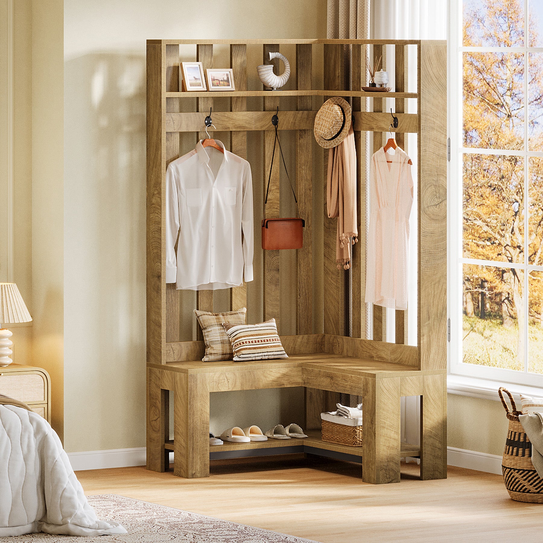 70.8" L-Shaped Coat Rack, Corner Hall Tree with 4 Hooks & Shoe Storage