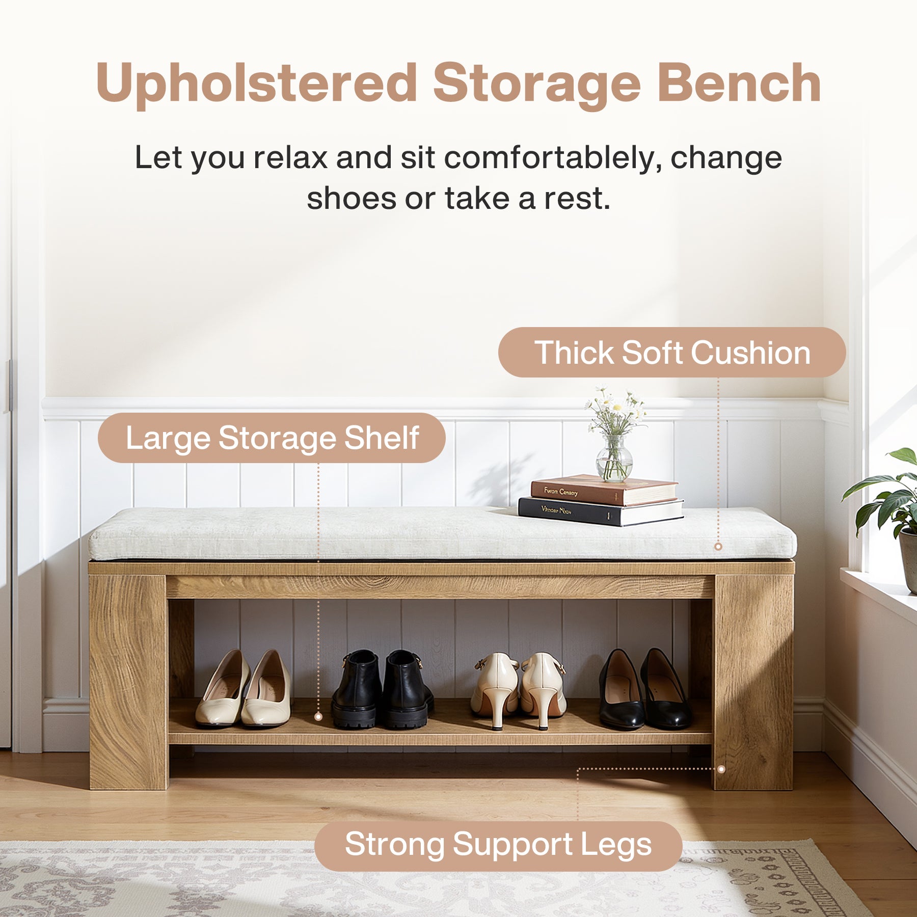 47" Upholstered Entryway Bench, Indoor End of Bed Bench with Padded Seat