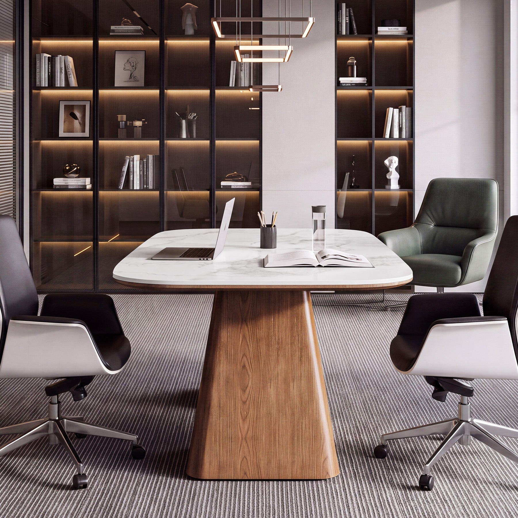 35.4" Conference Table with Sintered Stone Top, Small Square Meeting Table, Solid Wood Base