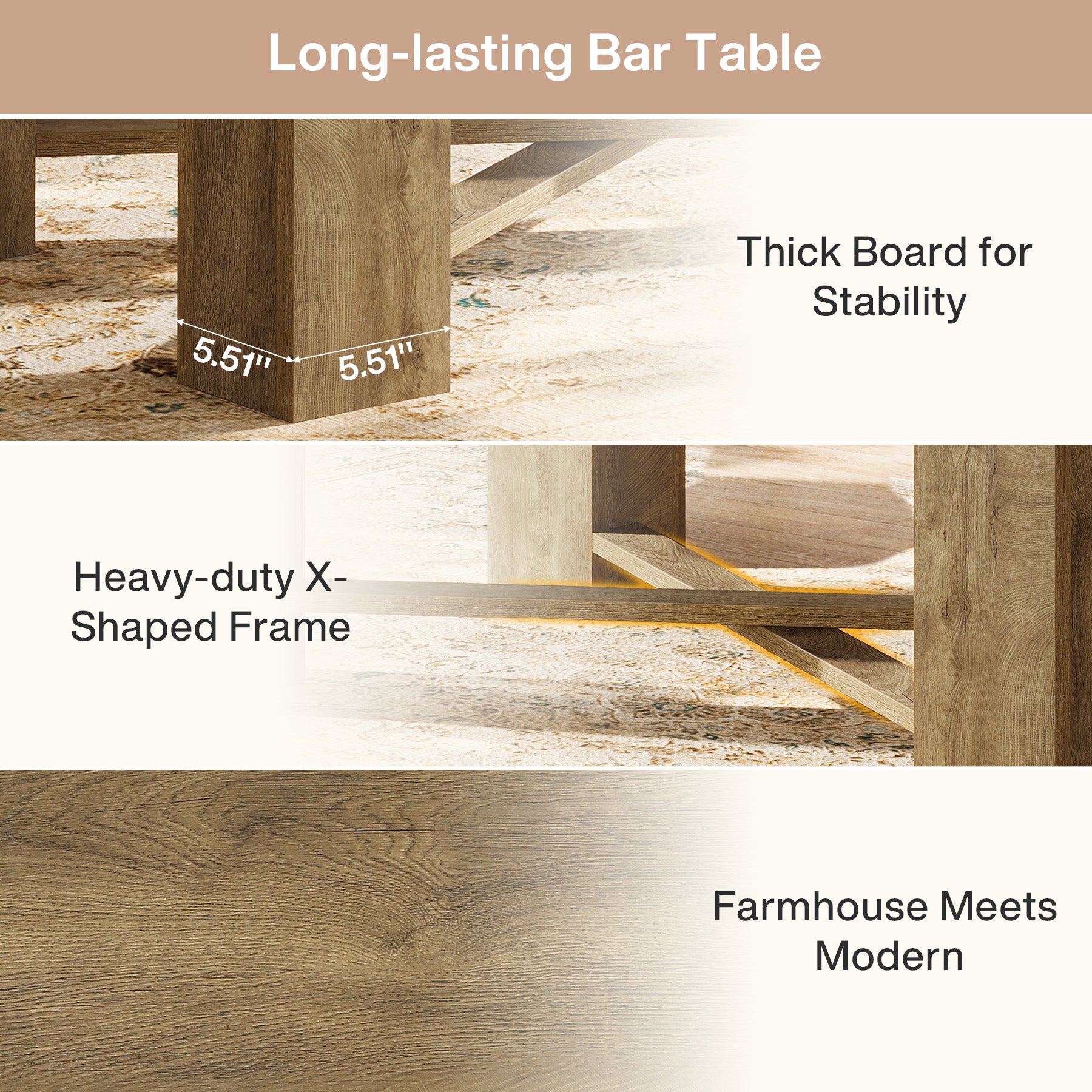 55 Inch Farmhouse Bar Table Counter Height, Rectangular Wooden Pub Table