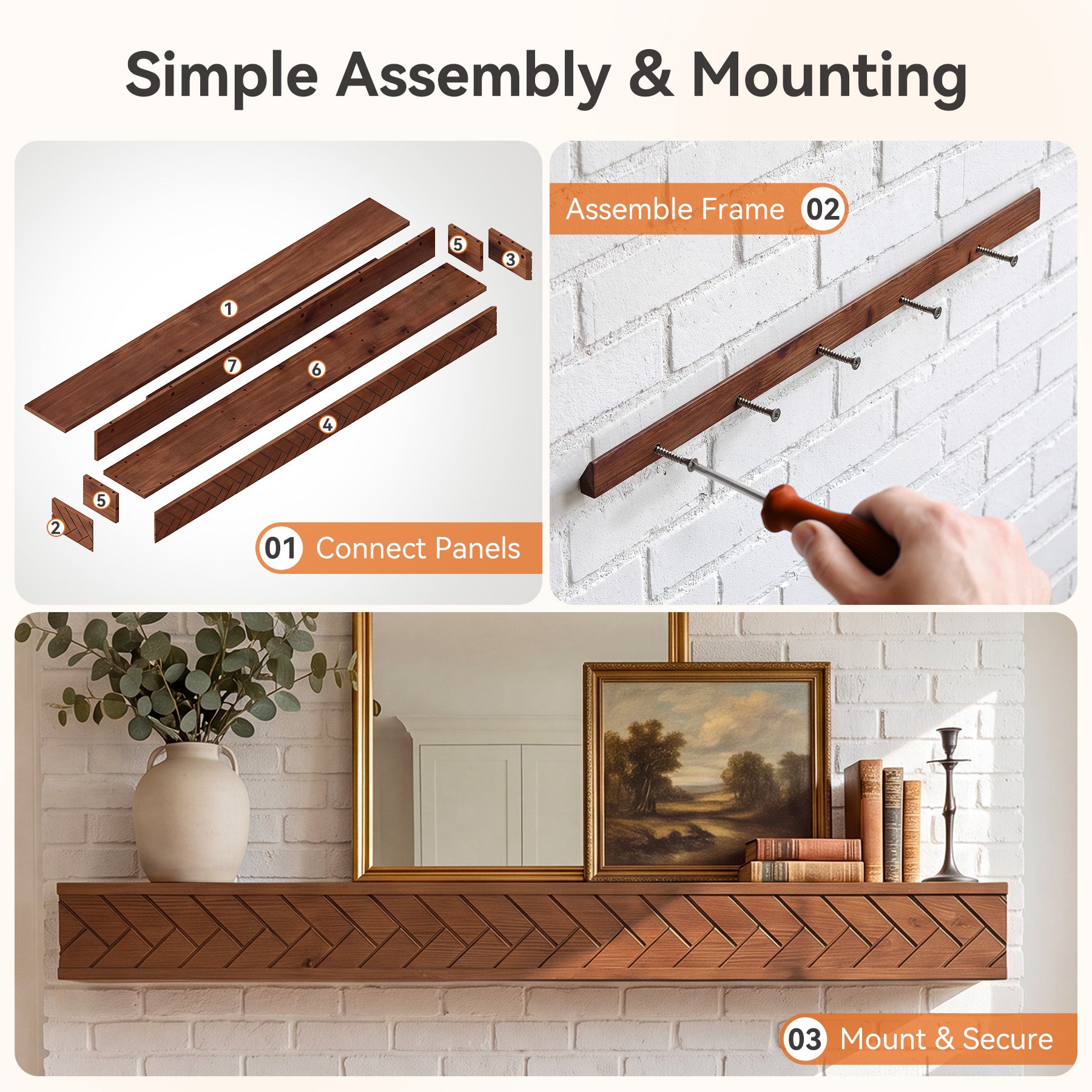 Tribesigns 70.9 Inch Solid Wood Floating Shelf, Hand-Carved Herringbone Wall Display Shelf with Hidden Bracket for Living Room
