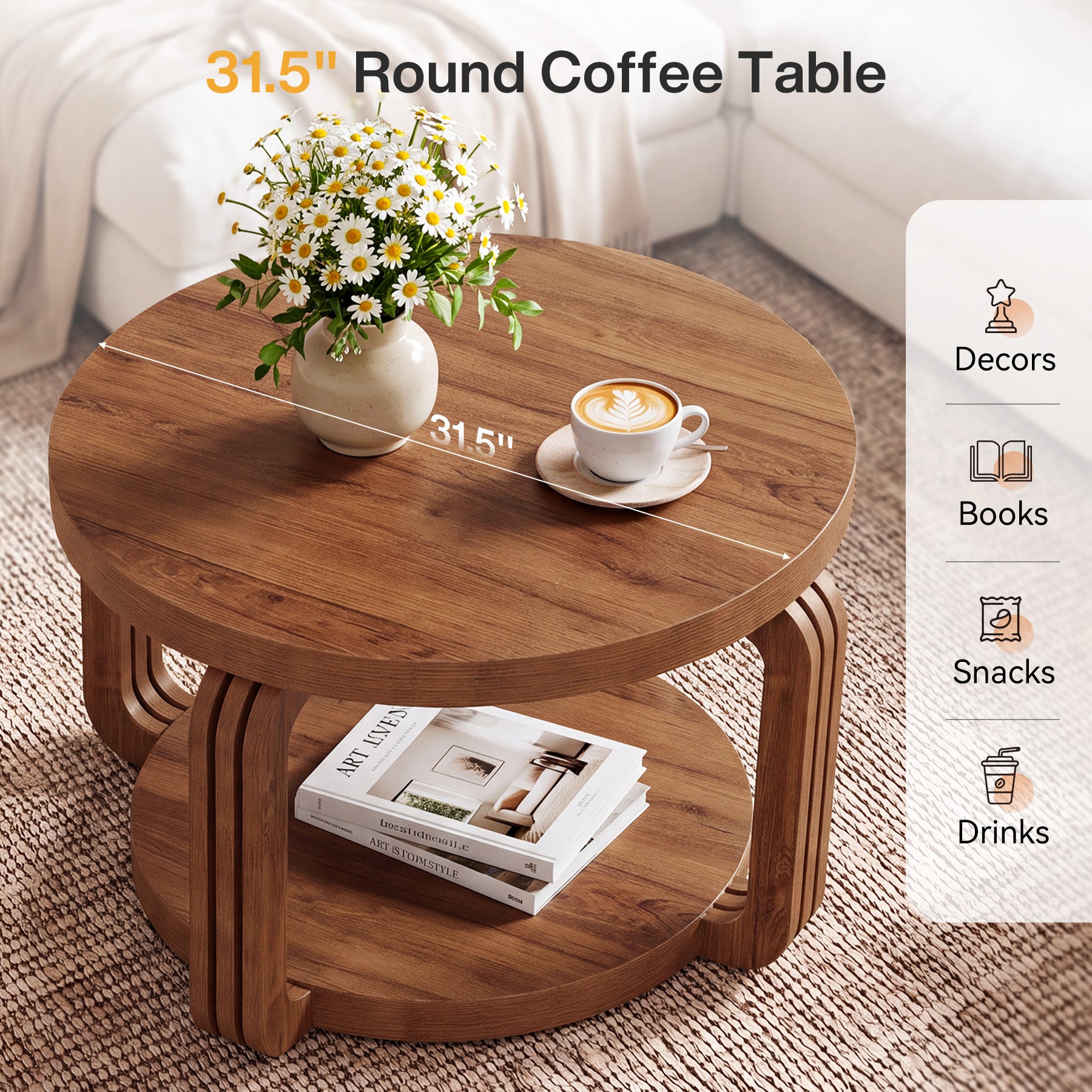 31.5-Inch Round Coffee Table with 2-Tier Storage, Arch Design Center Table for Living Room
