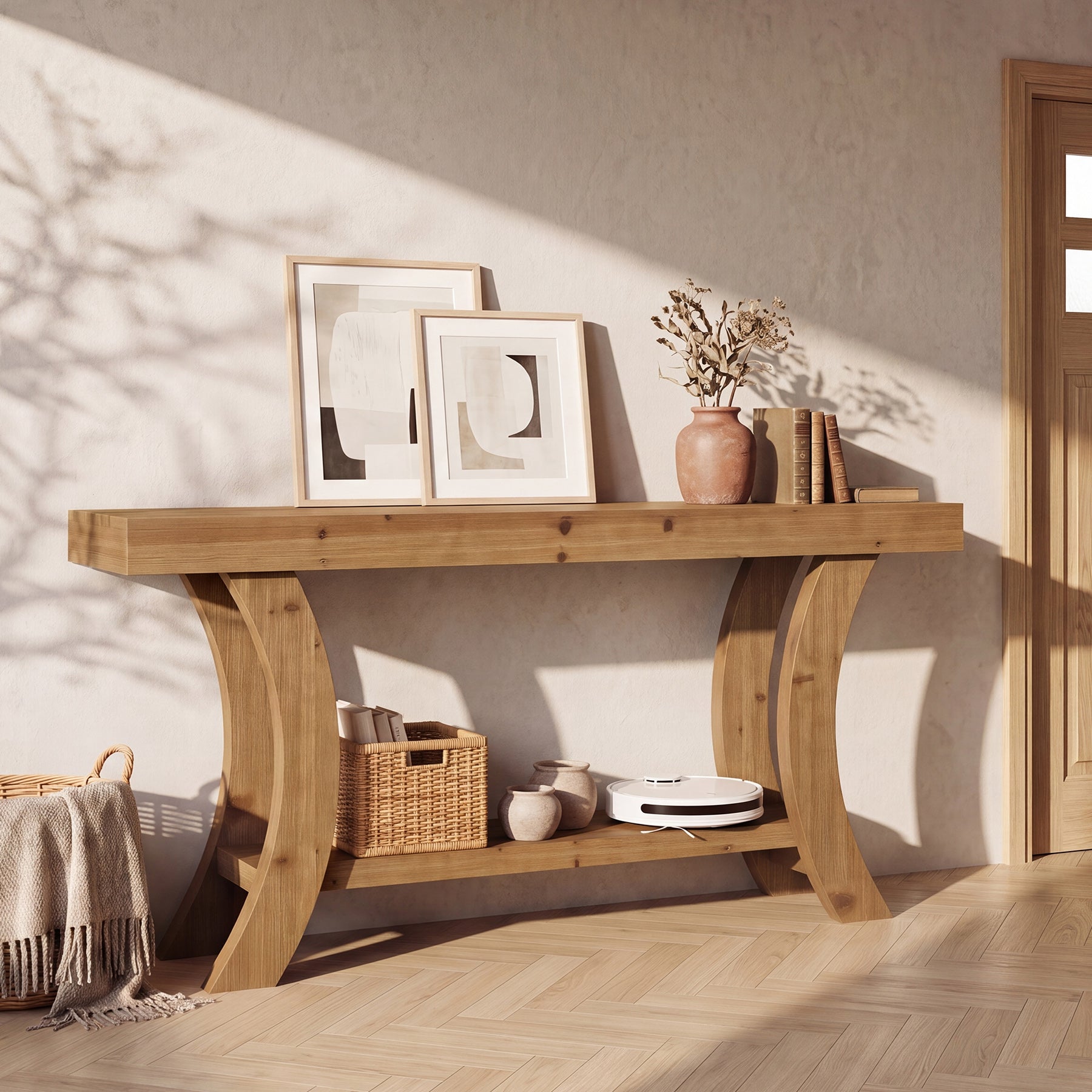 63" Solid Wood Console Table, Farmhouse Sofa Table with Storage Shelf & Arch Frame