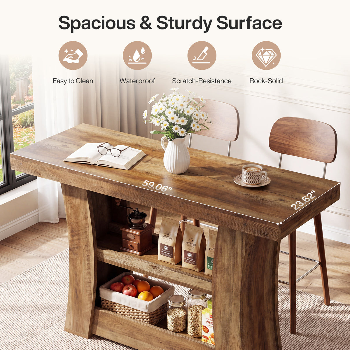 59.06" Bar Table, Counter Height Pub Table with 2-Tier Storage Shelves for Home Bar