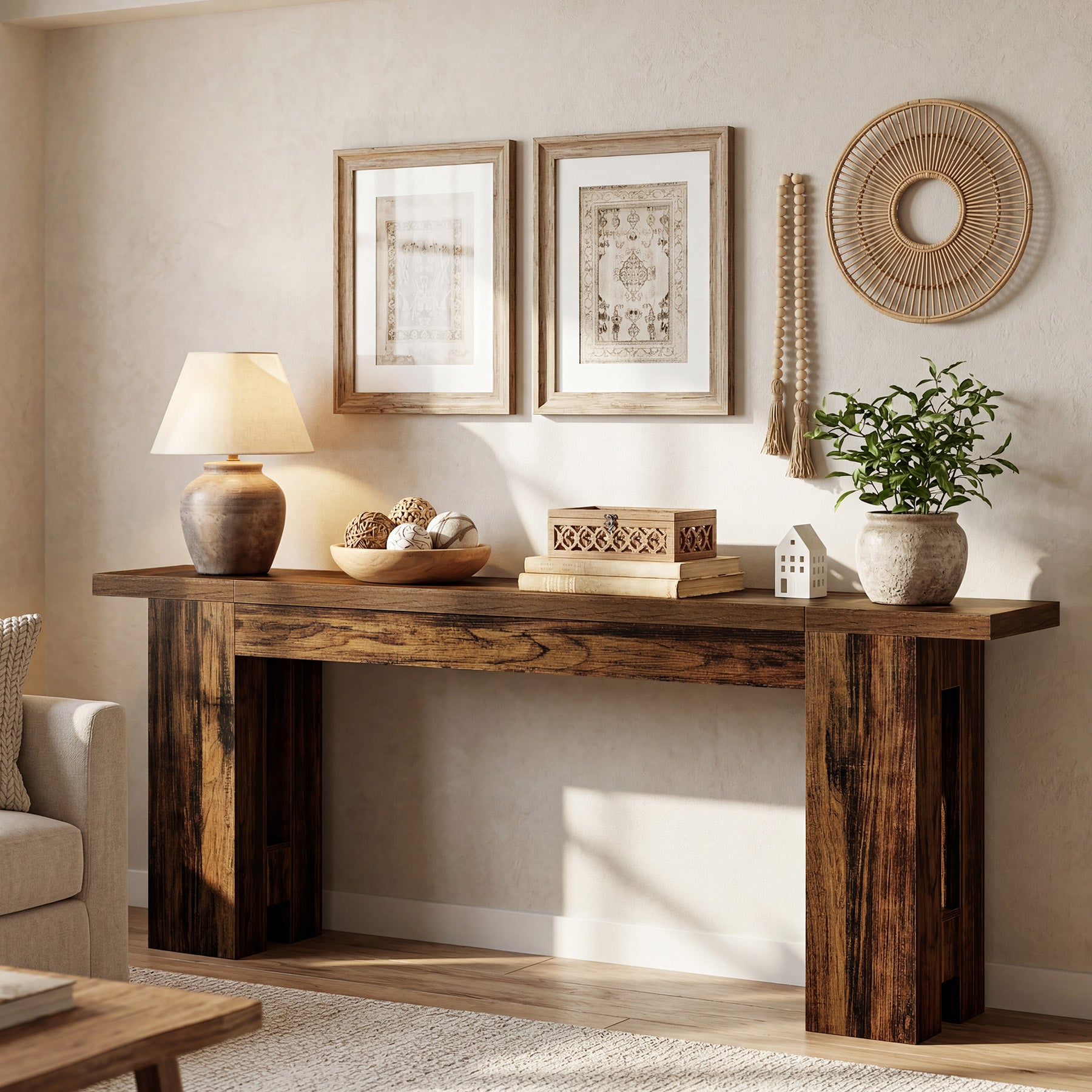86.6" Long Console Table, Farmhouse Entryway Sofa Table Behind Couch for Hallway