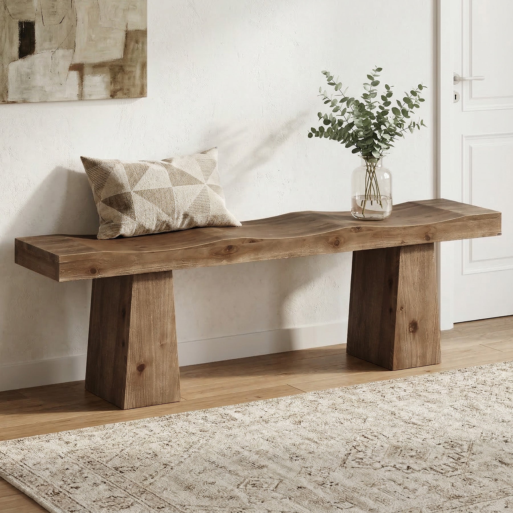 Solid Wood Entryway Bench, 59" End of Bed Bench with Wavy Edges Design