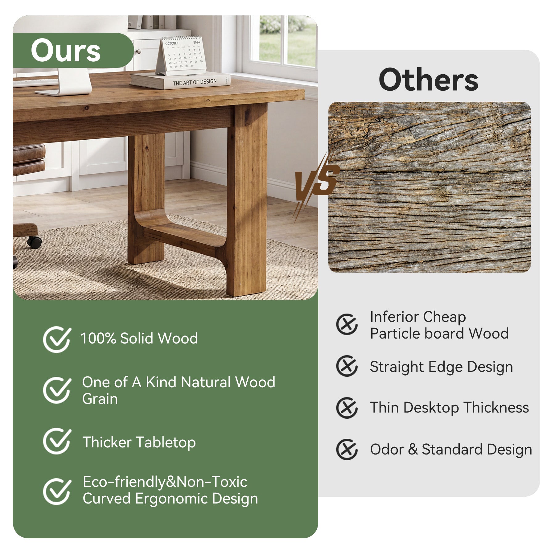 Tribesigns 63-Inch Solid Wood Executive Desk with U-Shaped Legs, Rustic Office Desk for Home Office