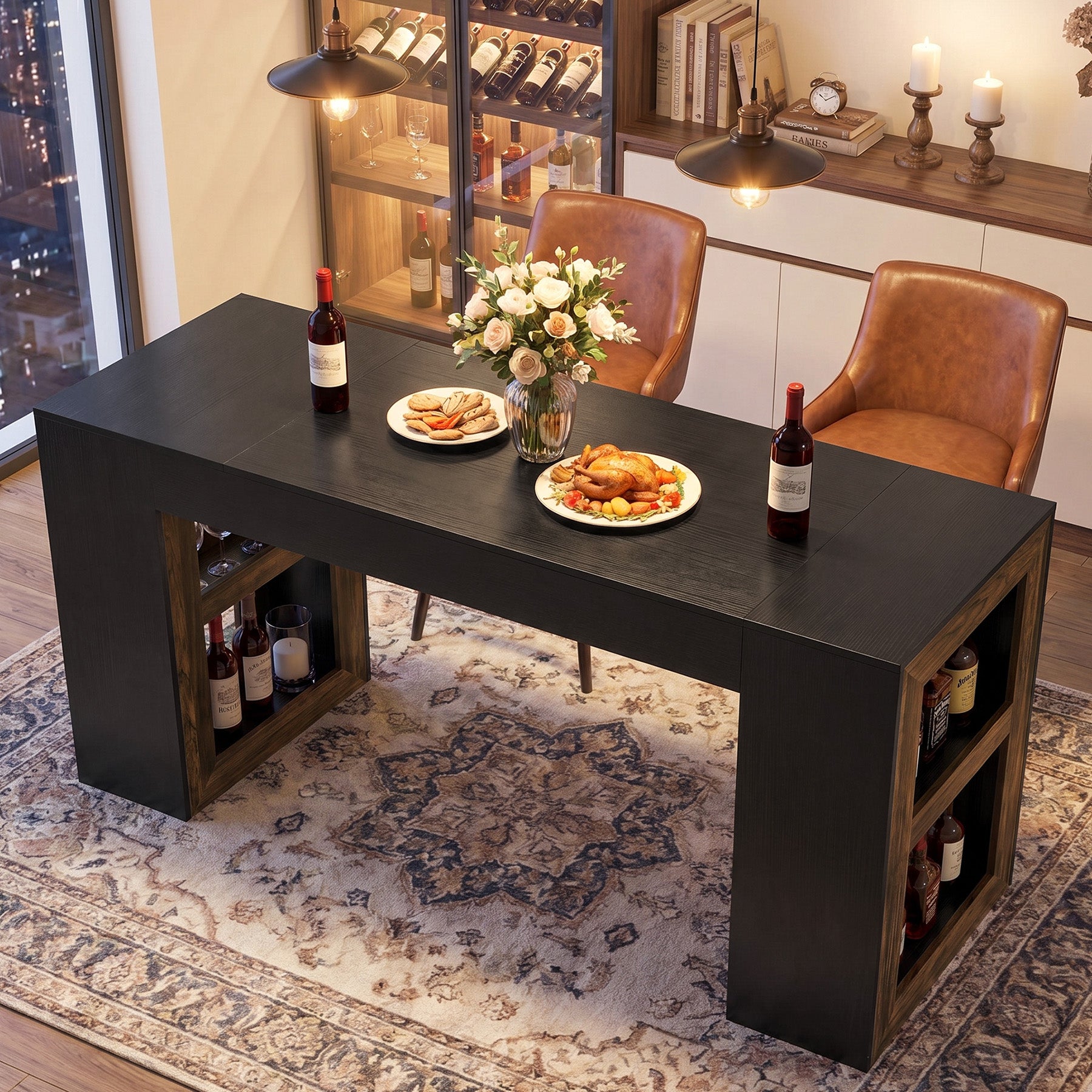 63" Counter Height Bar Table with Storage Shelves, Industrial Pub Table for Kitchen, Dining Room & Home Bar