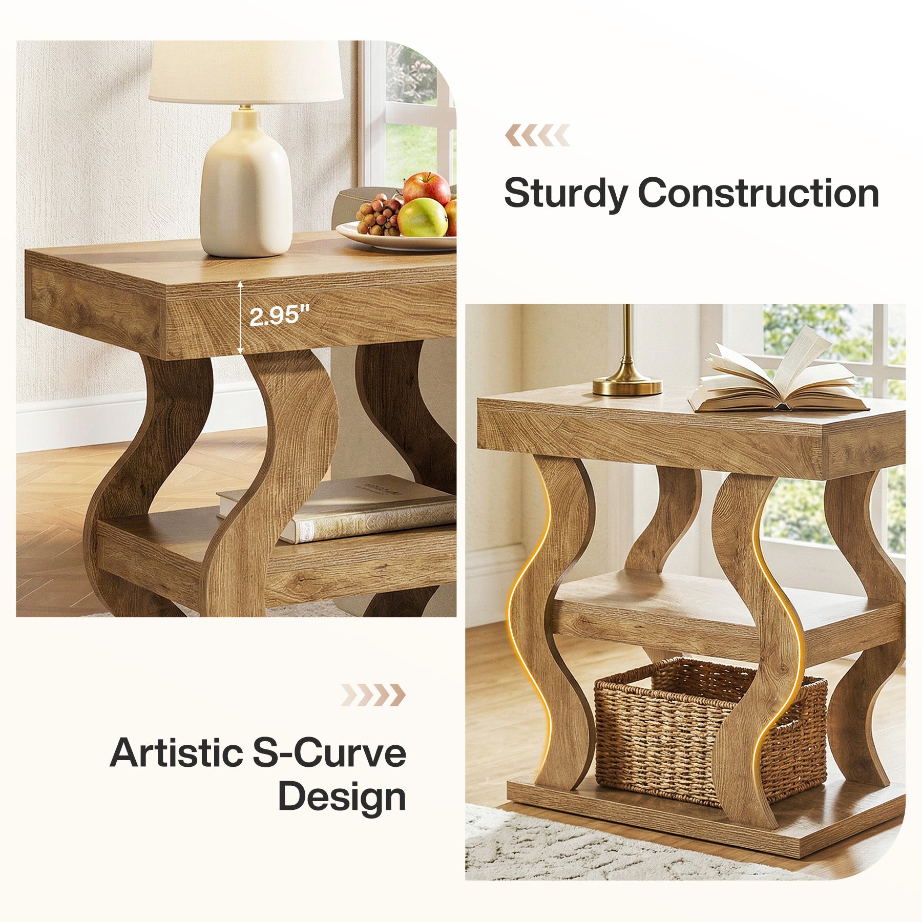 Tribesigns 3-Tier Wooden side Table, Skinny Small Nightstand for Living Room with Storage Shelf