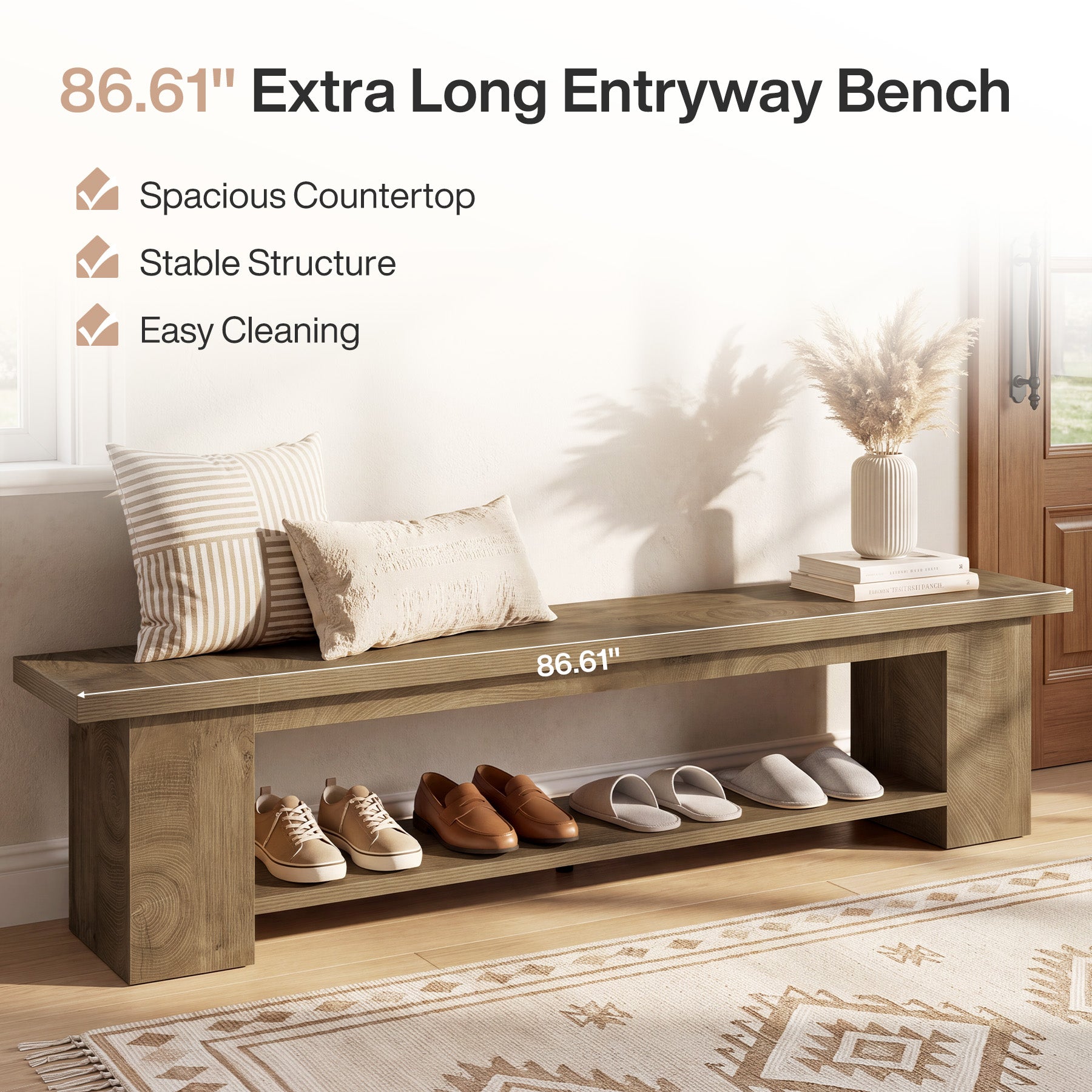 86.6" Extra-Long Entryway Bench, Farmhouse Shoe Bench with 2-Tier Storage
