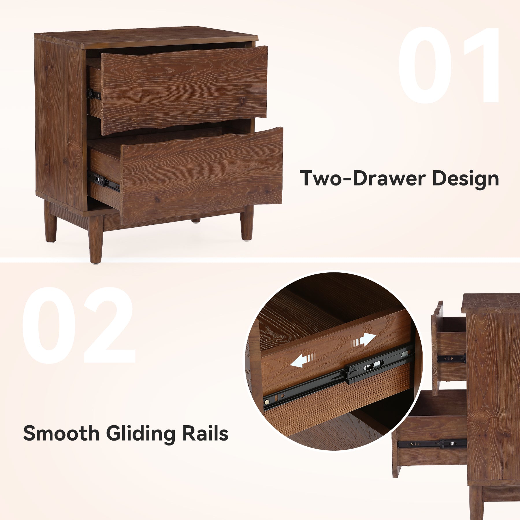 23.6" Solid Wood Nightstand, Mid-Century End Table with 2 Storage Drawers
