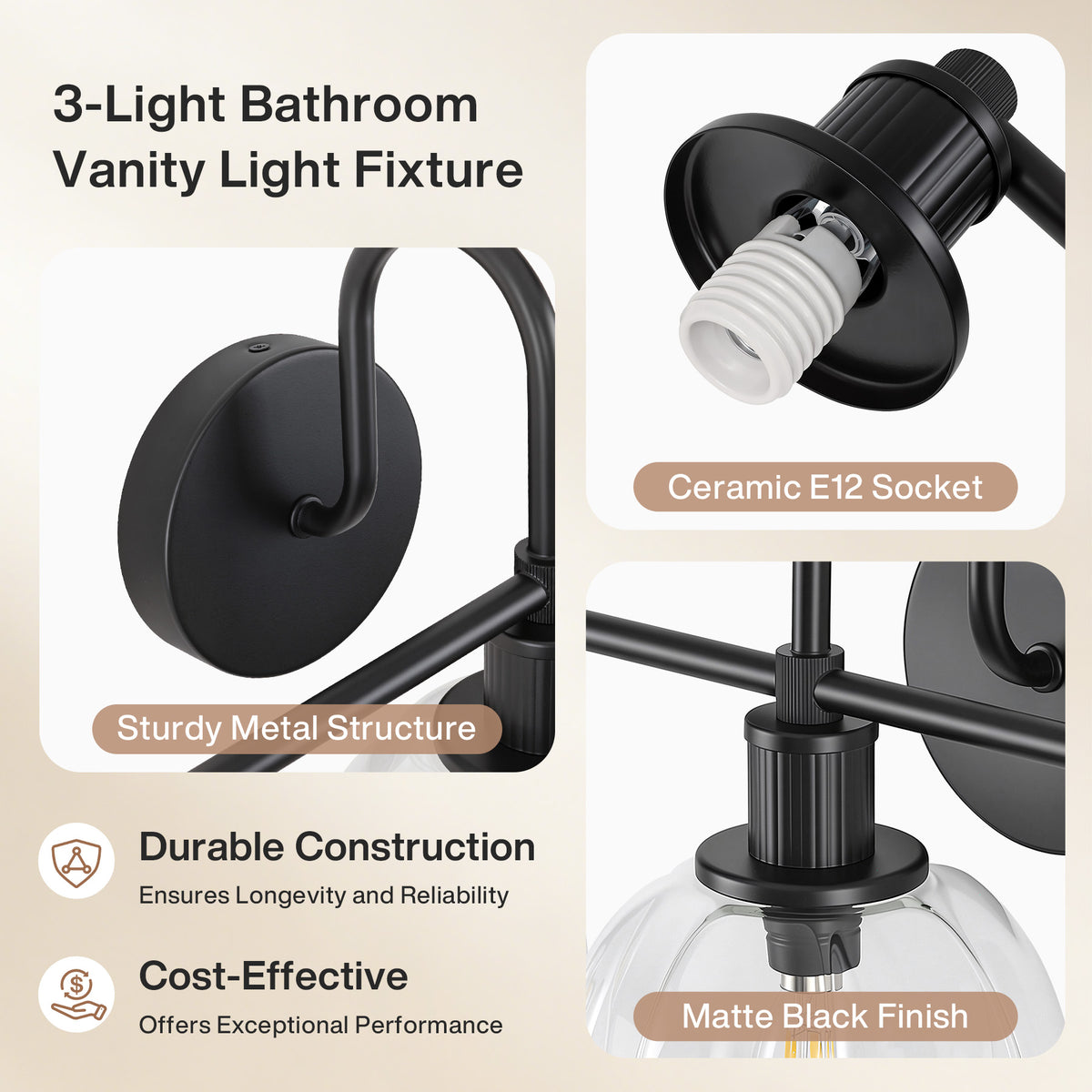 3-Light 23" Bathroom Vanity Light, Modern Black Wall Sconce with Clear Glass Shade
