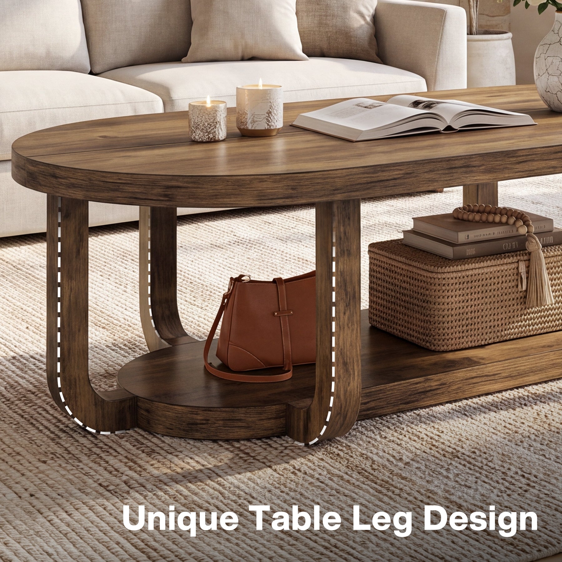 55-Inch Oval Coffee Table with 2-Tier Storage, Curved Leg Design for Living Room