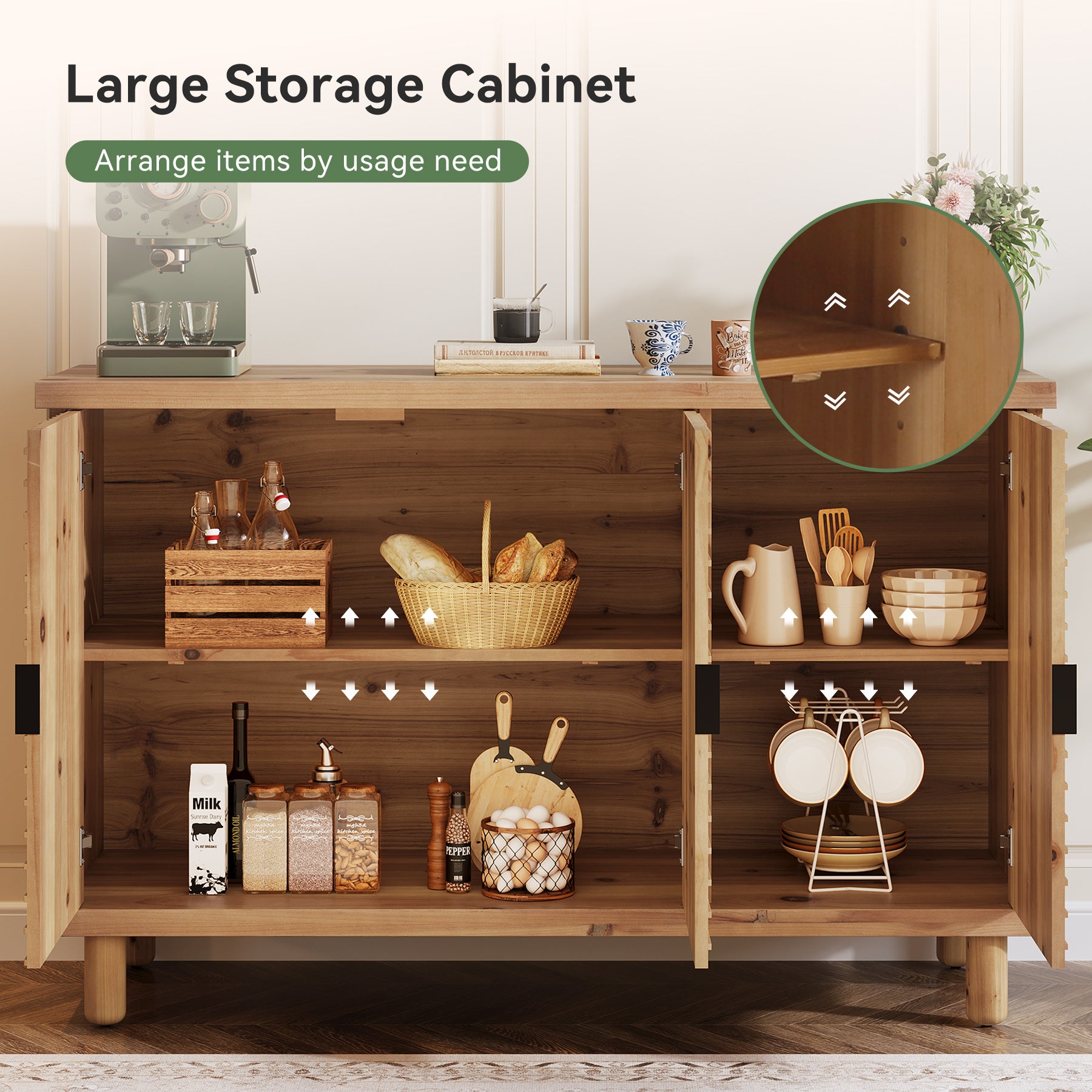 Wood Sideboard Buffet, Modern Kitchen Storage Cabinet with 2 Adjustable Shelves