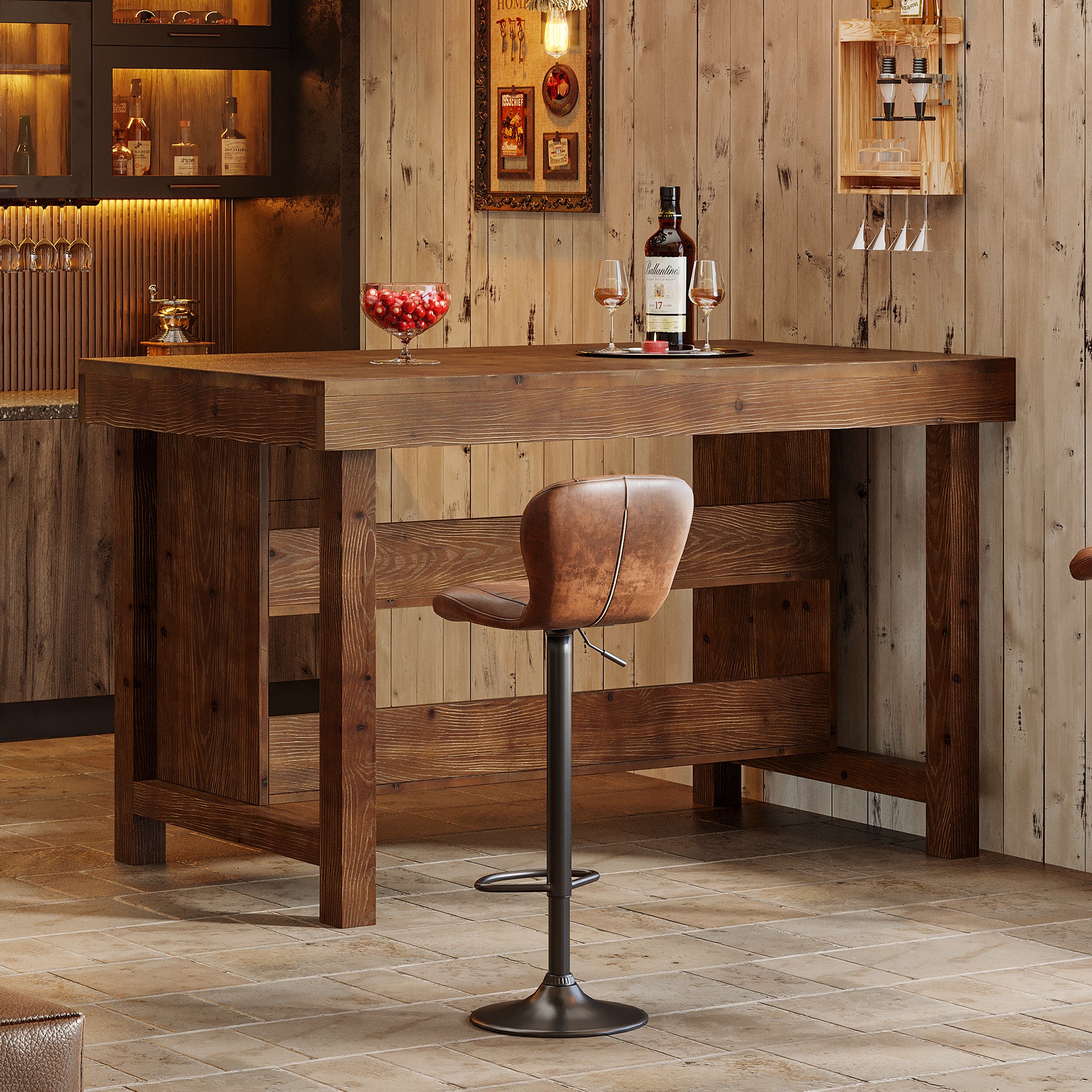 55" Farmhouse Bar Table, 3-Tier Solid Wood Bar Unit with Open Storage Shelves