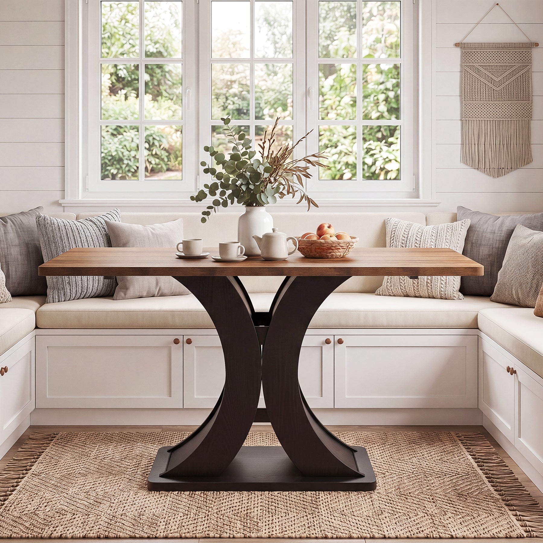 55-Inch Dining Table for 4-6, Farmhouse Wooden Table with Pedestal Base for Kitchen Dining Room