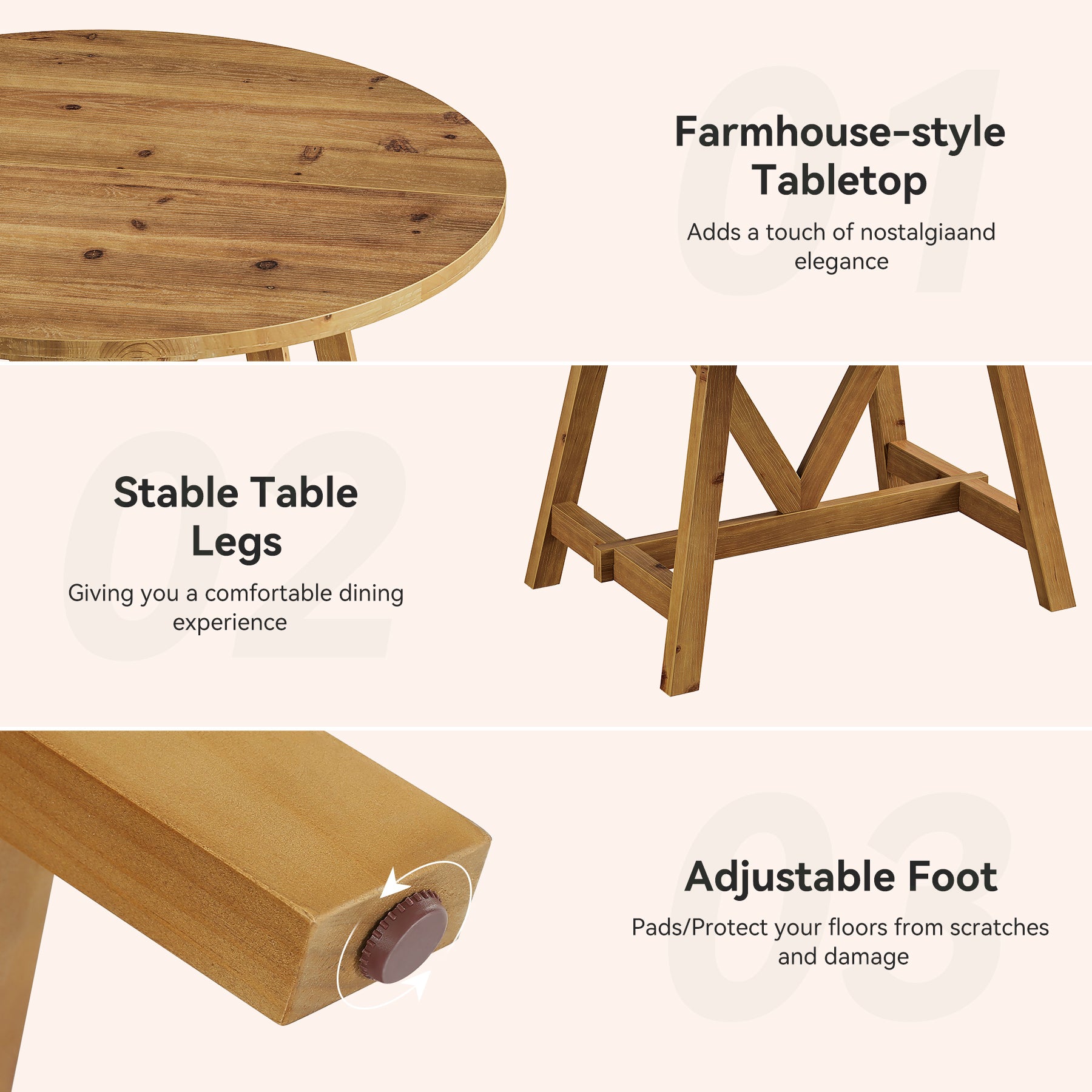 47" Solid Wood Dining Table, Farmhouse Round Kitchen Table for 4-6