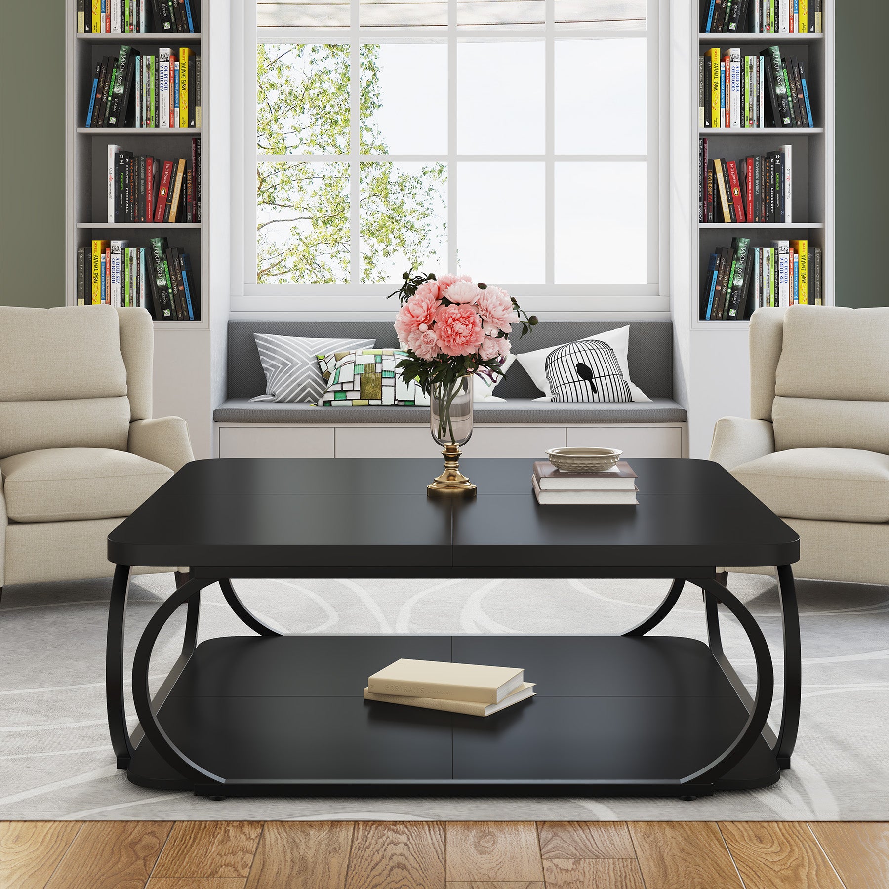 Square Coffee Table, 39" Central Cocktail Table with 2-Tier Shelves